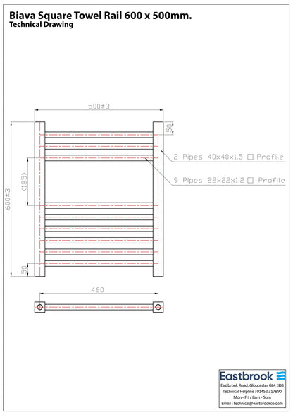 Eastbrook Biava Electric Square Chrome Towel Rail 600mm x 500mm Technical Image 41.0112-ELE