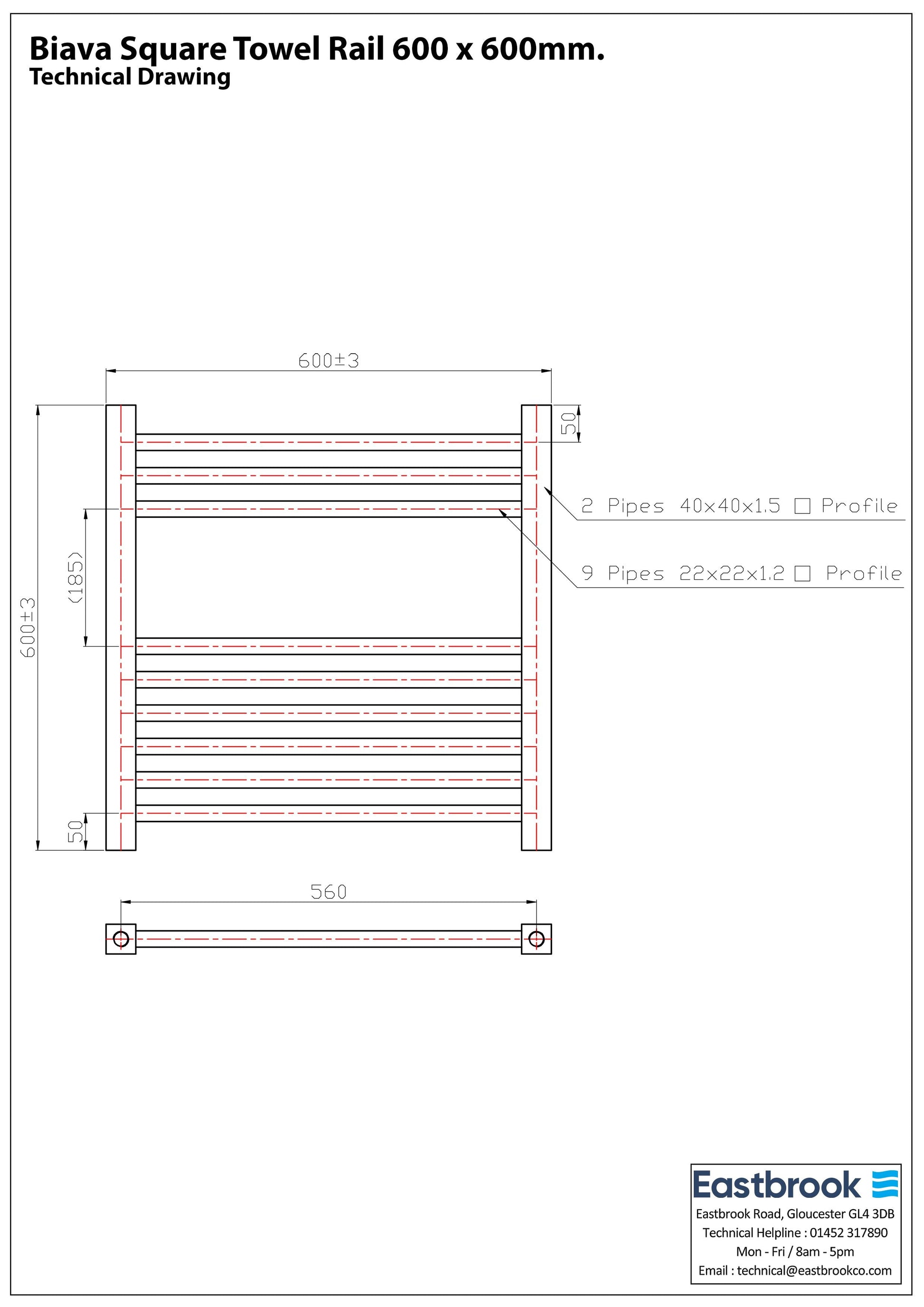 Eastbrook Biava Electric Square Chrome Towel Rail 600mm x 600mm Technical Image 41.0115-ELE