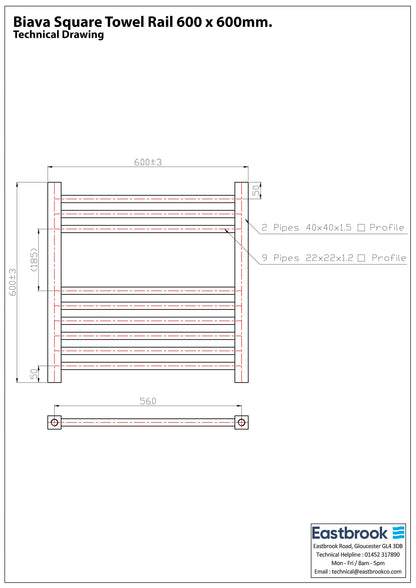 Eastbrook Biava Electric Square Chrome Towel Rail 600mm x 600mm Technical Image 41.0115-ELE