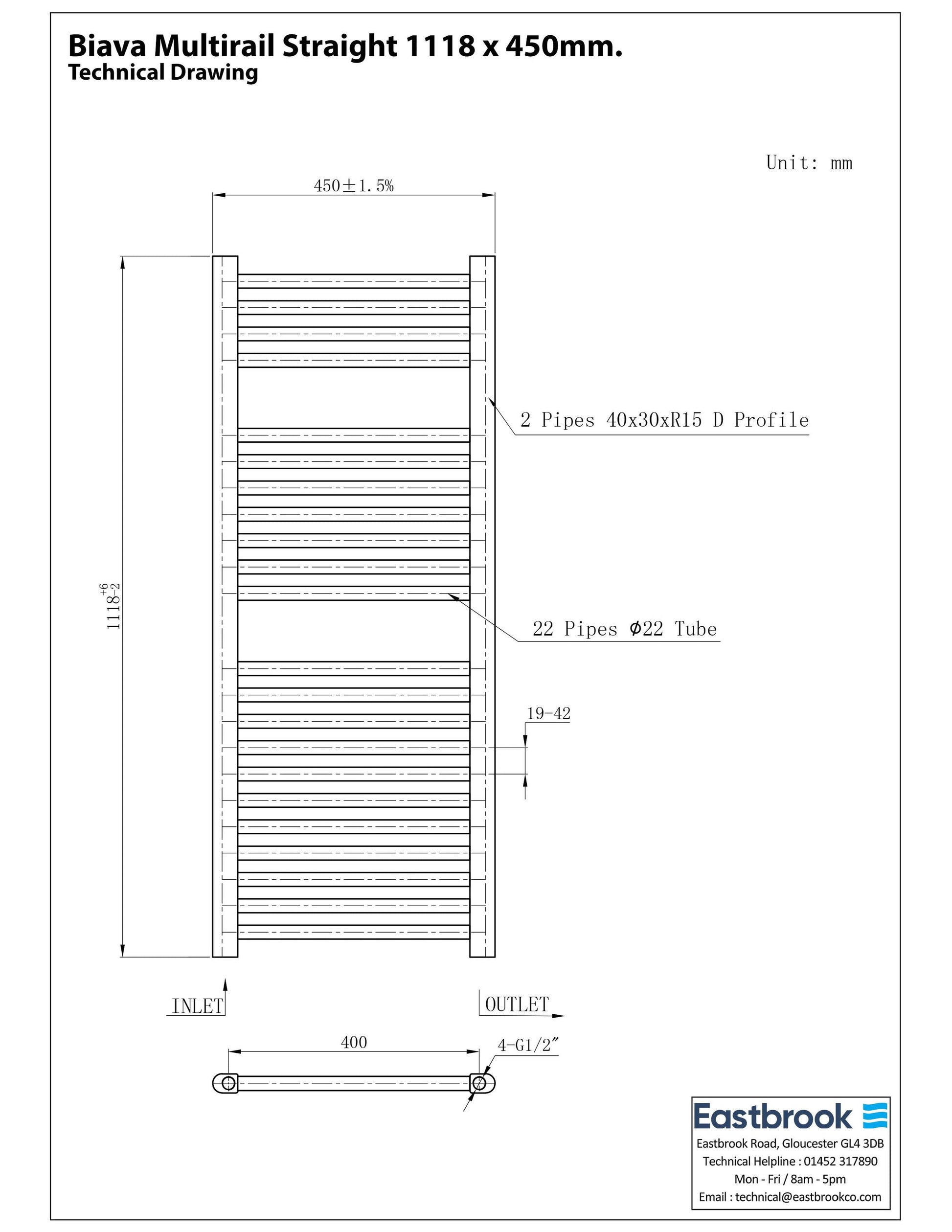 Eastbrook Biava Electric Straight Chrome Towel Rail 1118mm x 450mm Technical Image 41.0272-ELE