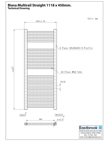 Eastbrook Biava Electric Straight Chrome Towel Rail 1118mm x 450mm Technical Image 41.0272-ELE