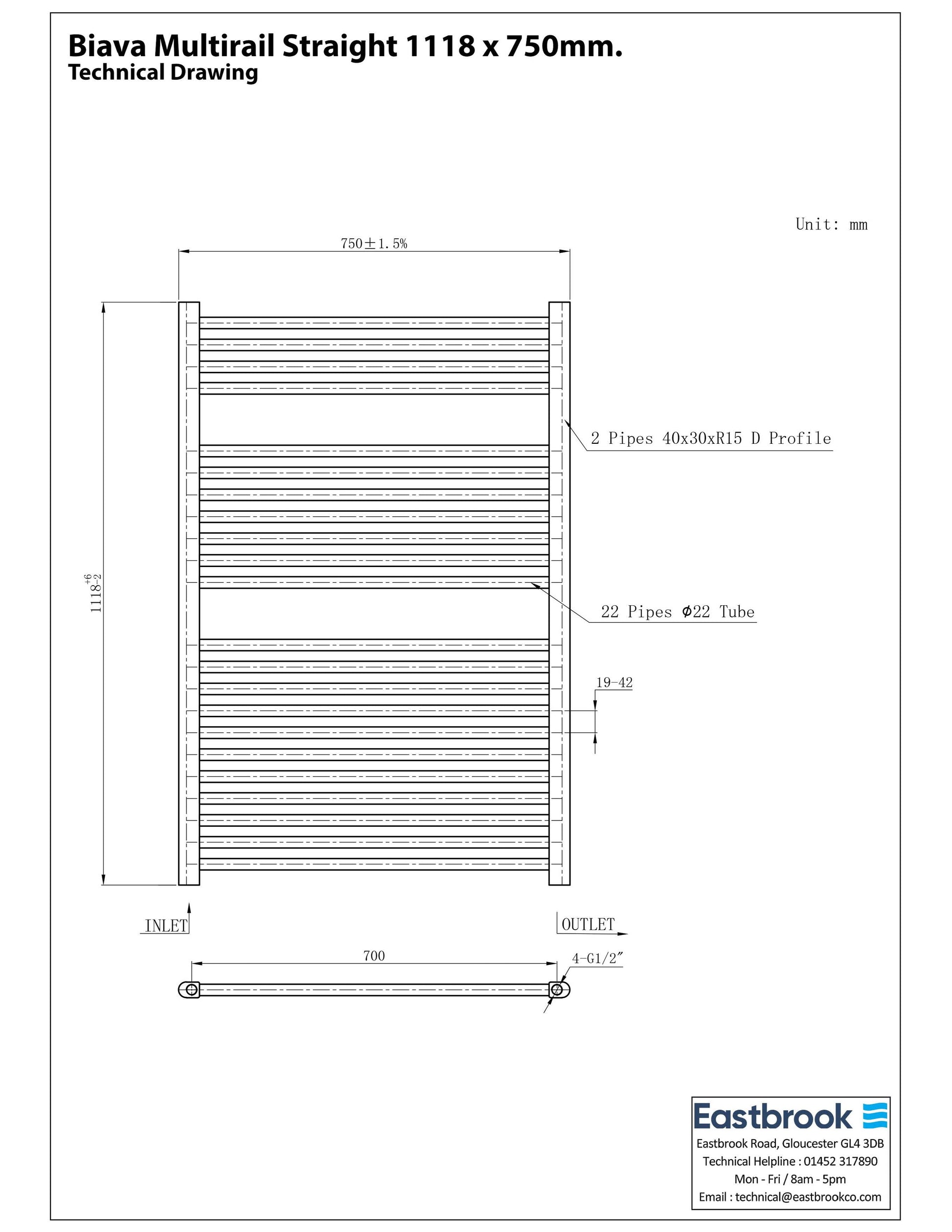 Eastbrook Biava Electric Straight Chrome Towel Rail 1118mm x 750mm Technical Image 41.0274-ELE