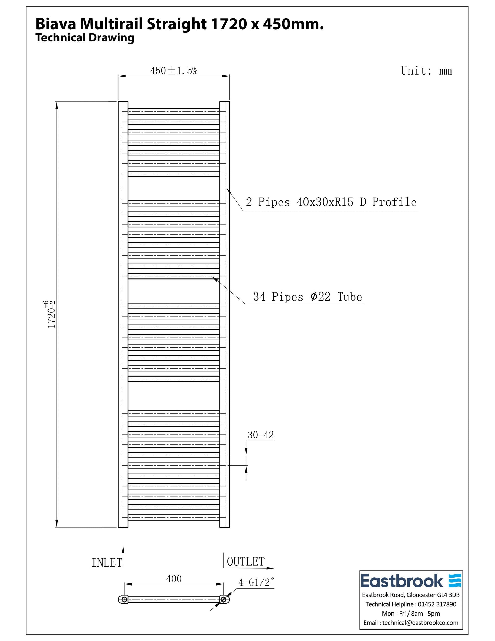 Eastbrook Biava Electric Straight Chrome Towel Rail 1720mm x 450mm Technical Image 41.0275-ELE