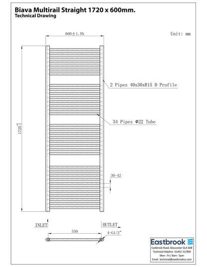 Eastbrook Biava Electric Straight Chrome Towel Rail 1720mm x 600mm Technical Image 41.0276-ELE