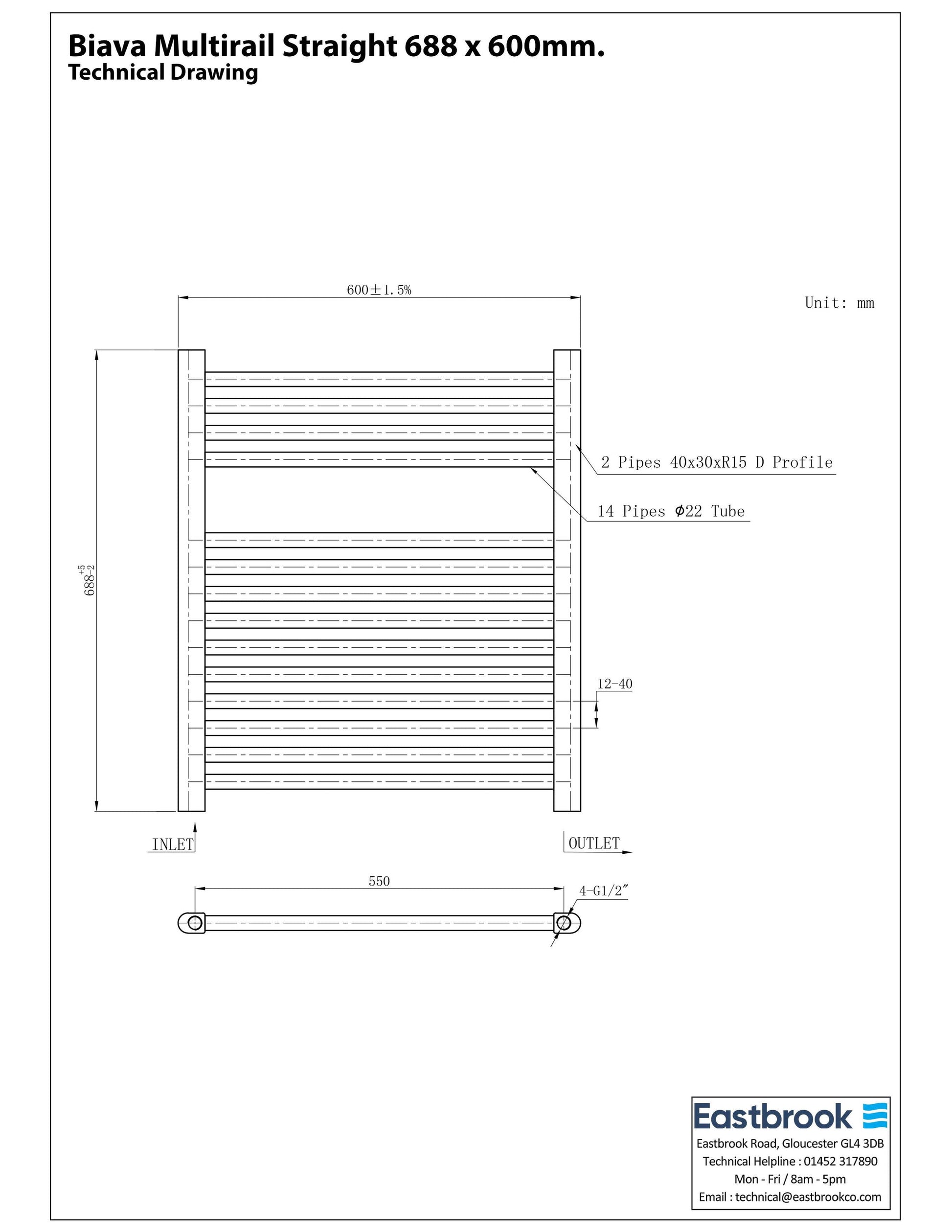 Eastbrook Biava Electric Straight Chrome Towel Rail 688mm x 600mm Technical Image 41.0270-ELE