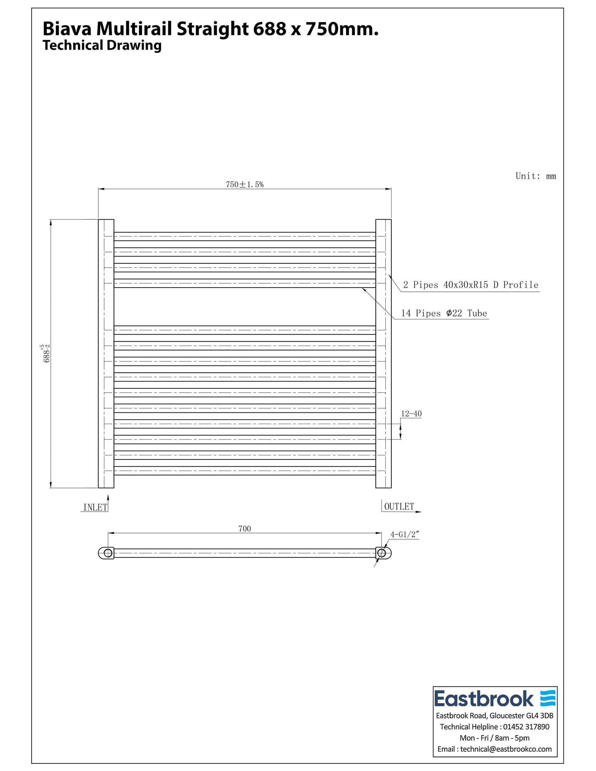Eastbrook Biava Electric Straight Chrome Towel Rail 688mm x 750mm Technical Image 41.0271-ELE