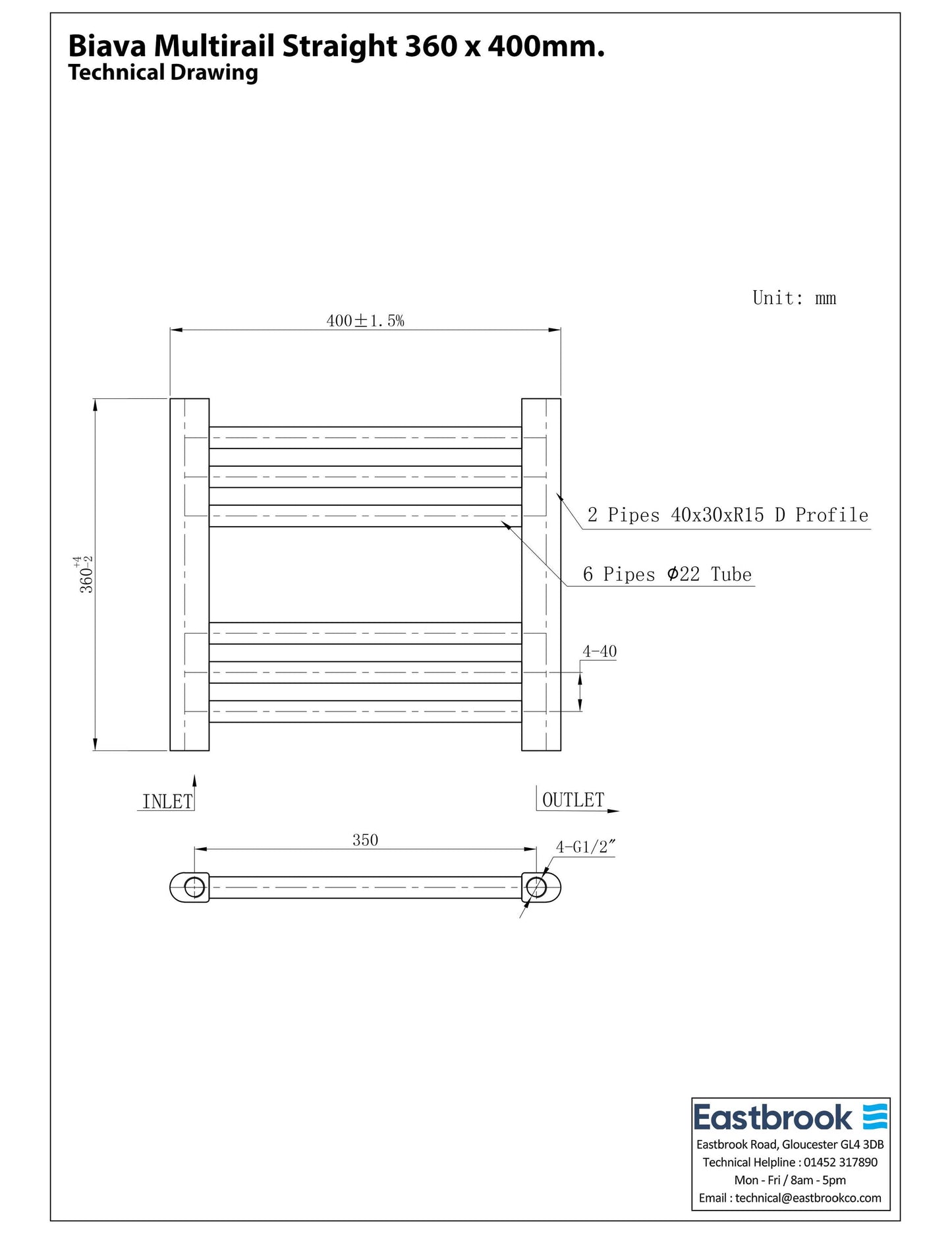 Eastbrook Biava Electric Straight Gloss White Towel Rail 360mm x 400mm Technical Image 41.0278-ELE