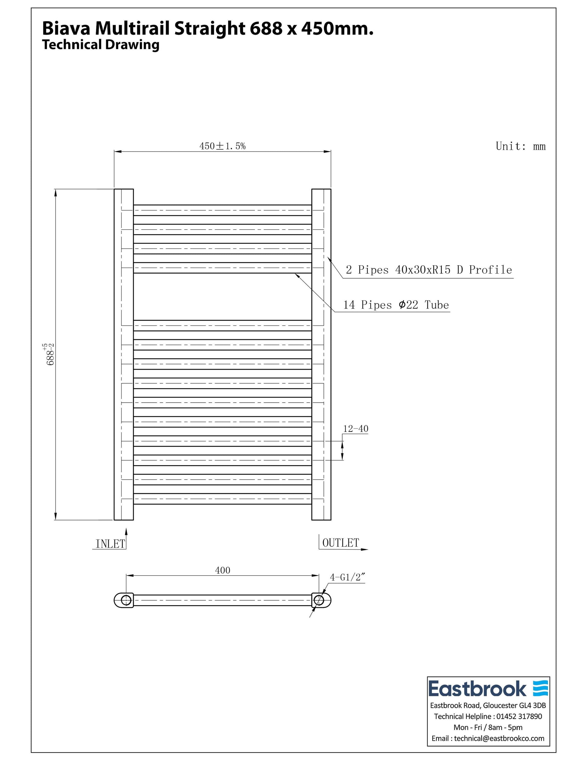 Eastbrook Biava Electric Straight Gloss White Towel Rail 688mm x 450mm Technical Image 41.0279-ELE