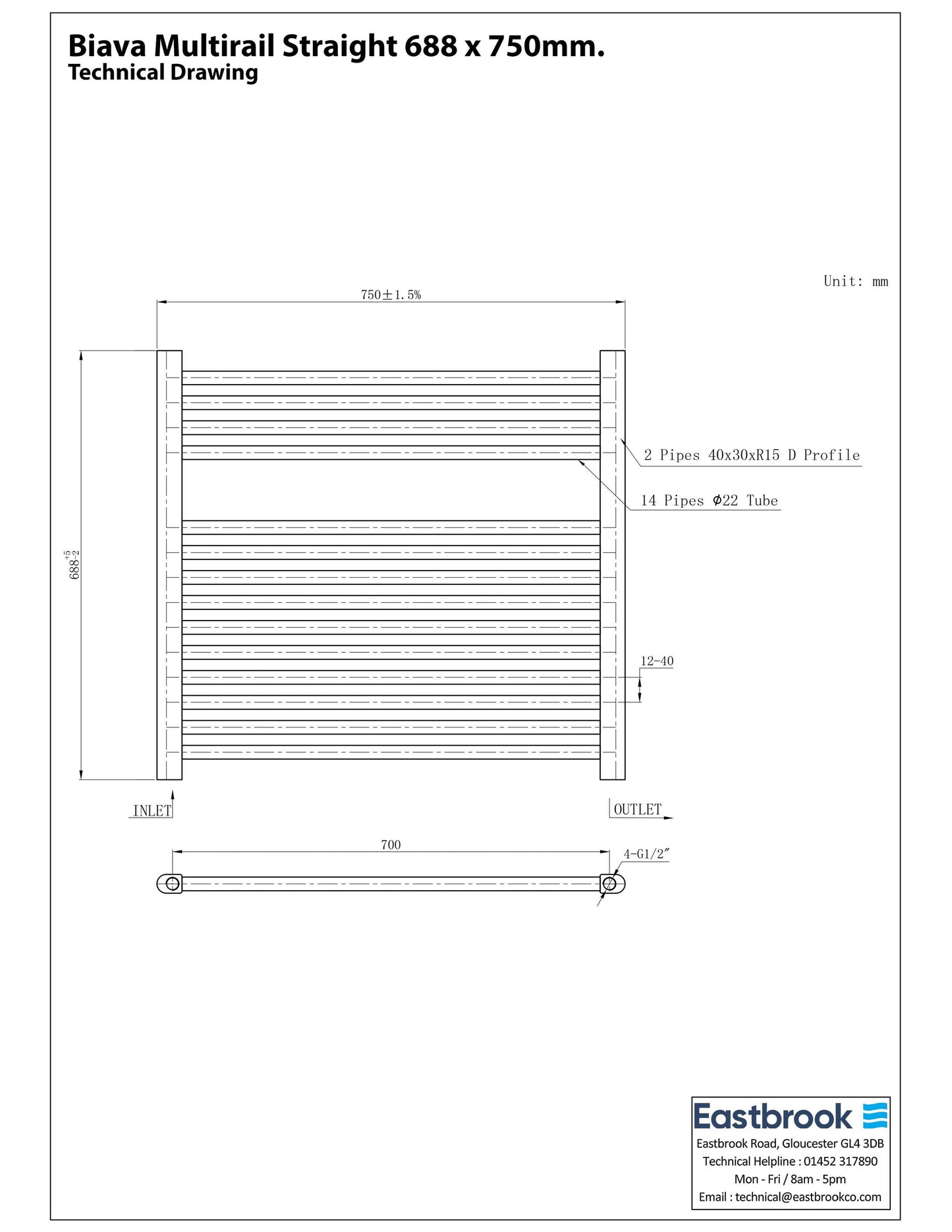 Eastbrook Biava Electric Straight Gloss White Towel Rail 688mm x 750mm Technical Image 41.0281-ELE