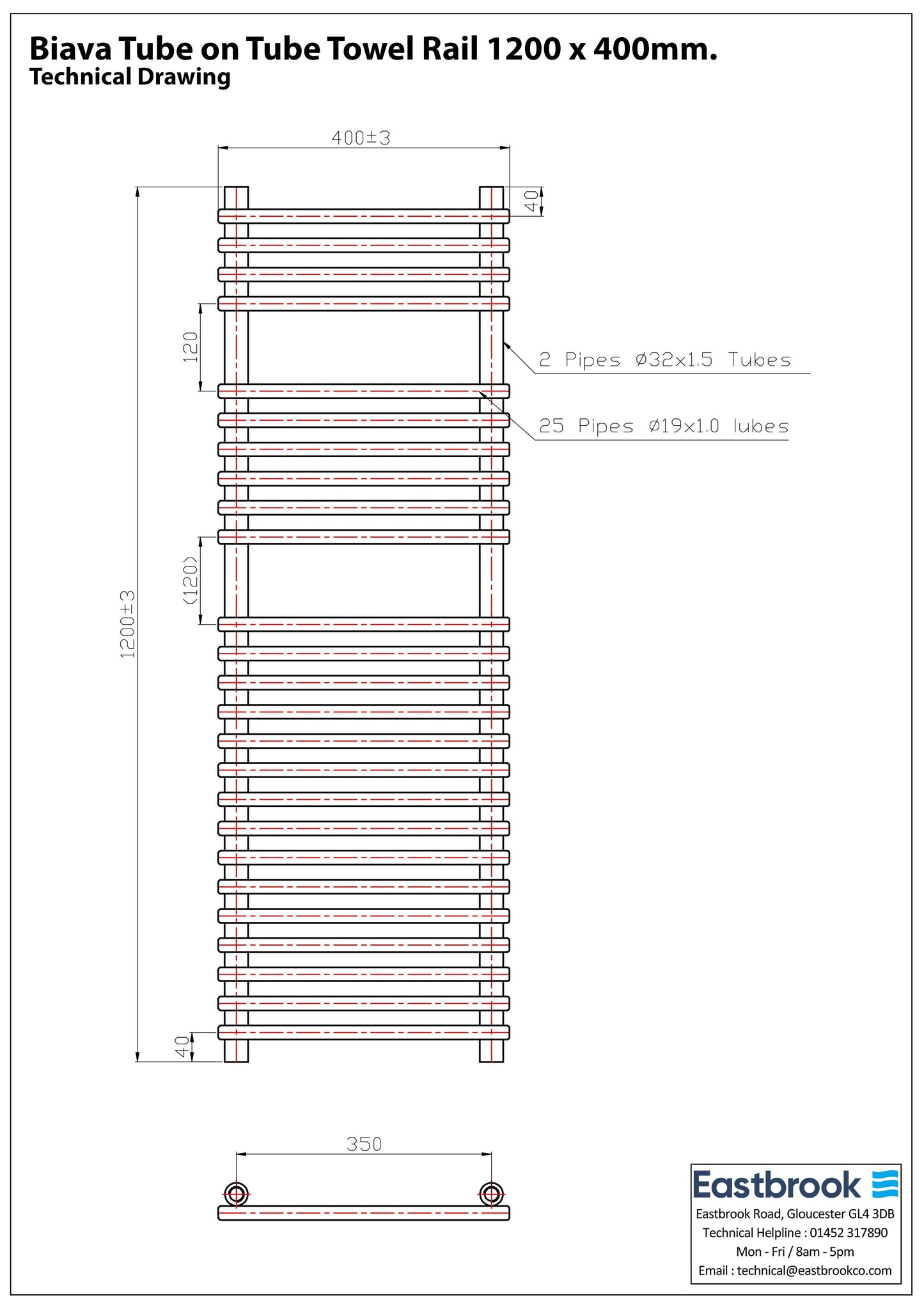 Eastbrook Biava Electric Tube On Tube Chrome Towel Rail 1200mm x 400mm Techncial Image 41.0164-ELE