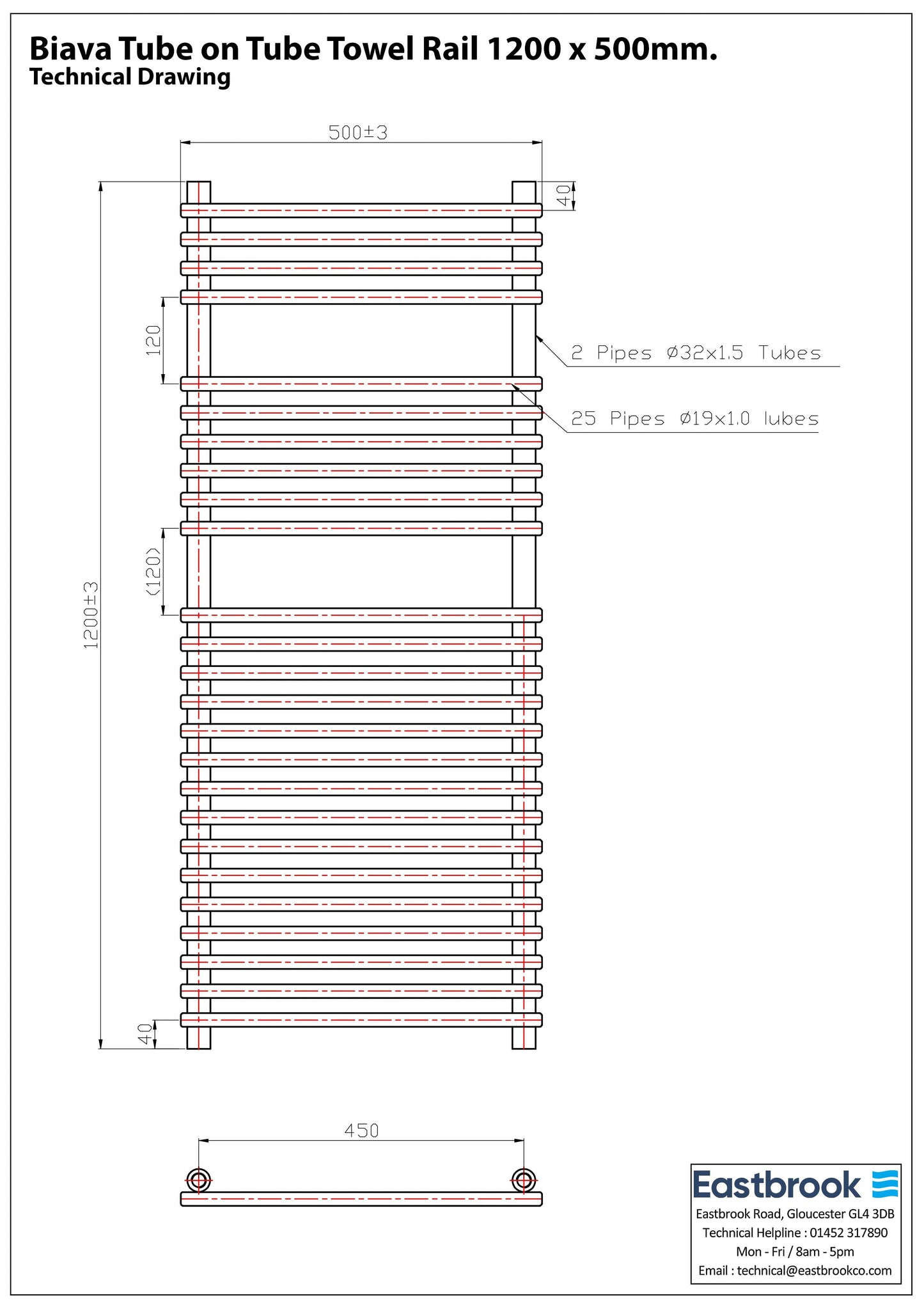 Eastbrook Biava Electric Tube On Tube Chrome Towel Rail 1200mm x 500mm Techncial Image 41.0167-ELE
