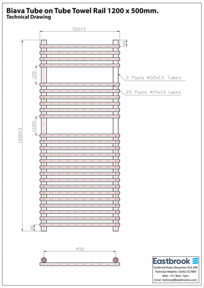 Eastbrook Biava Electric Tube On Tube Chrome Towel Rail 1200mm x 500mm Techncial Image 41.0167-ELE
