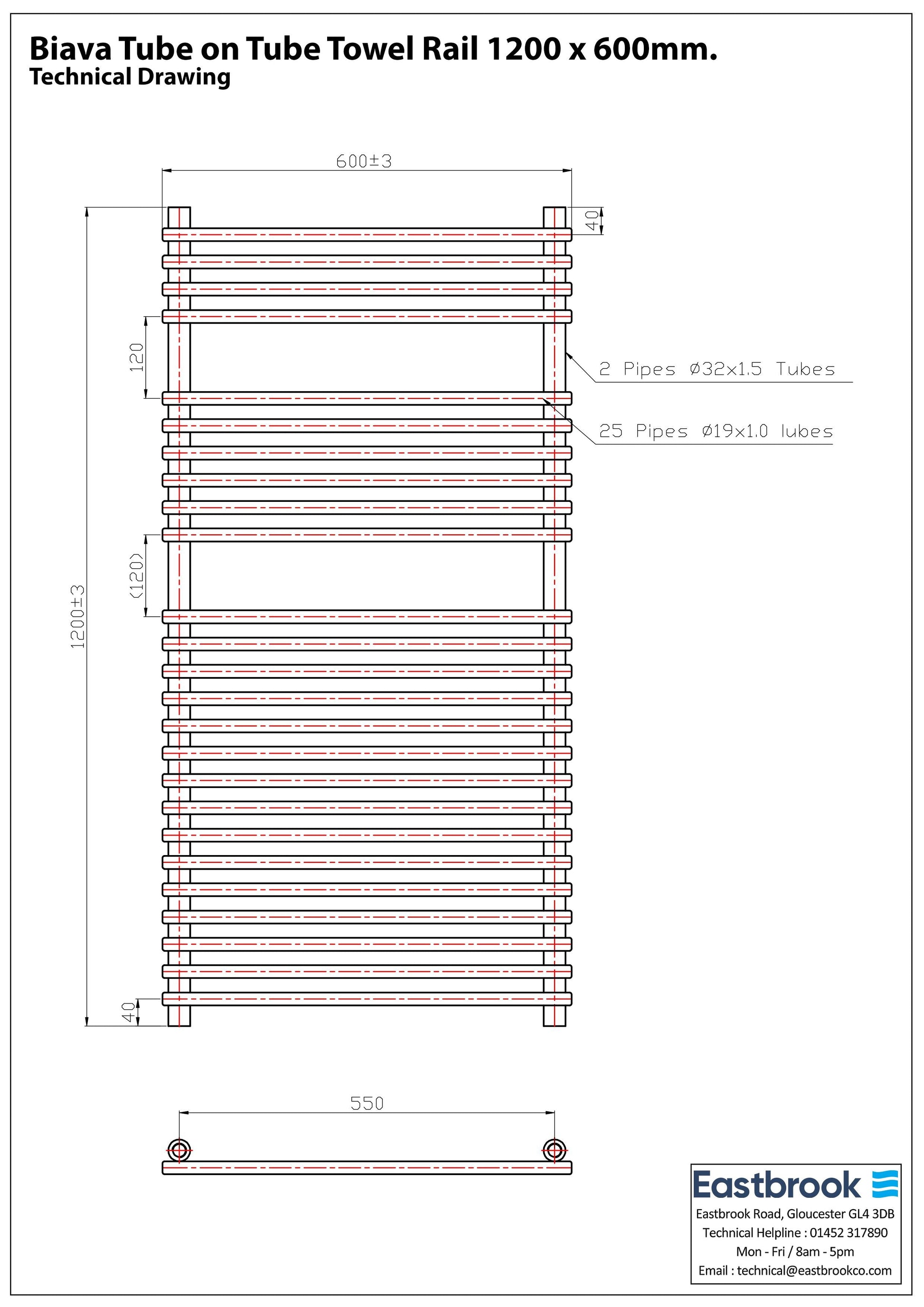Eastbrook Biava Electric Tube On Tube Chrome Towel Rail 1200mm x 600mm Techncial Image 41.0170-ELE