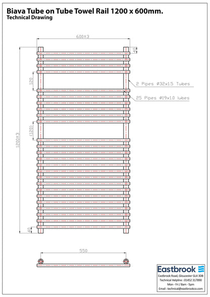 Eastbrook Biava Electric Tube On Tube Chrome Towel Rail 1200mm x 600mm Techncial Image 41.0170-ELE