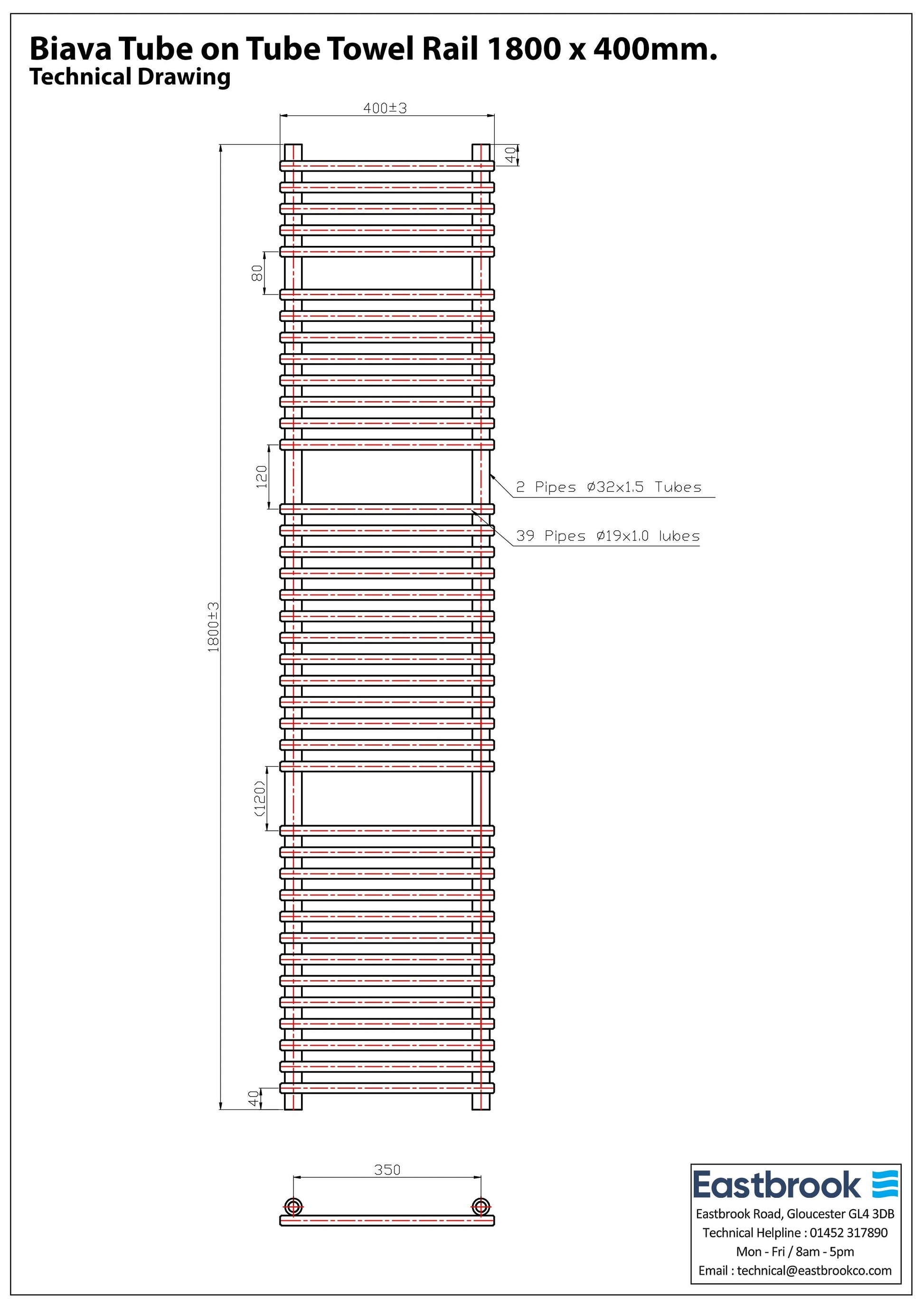 Eastbrook Biava Electric Tube On Tube Chrome Towel Rail 1800mm x 400mm Techncial Image 41.0165-ELE