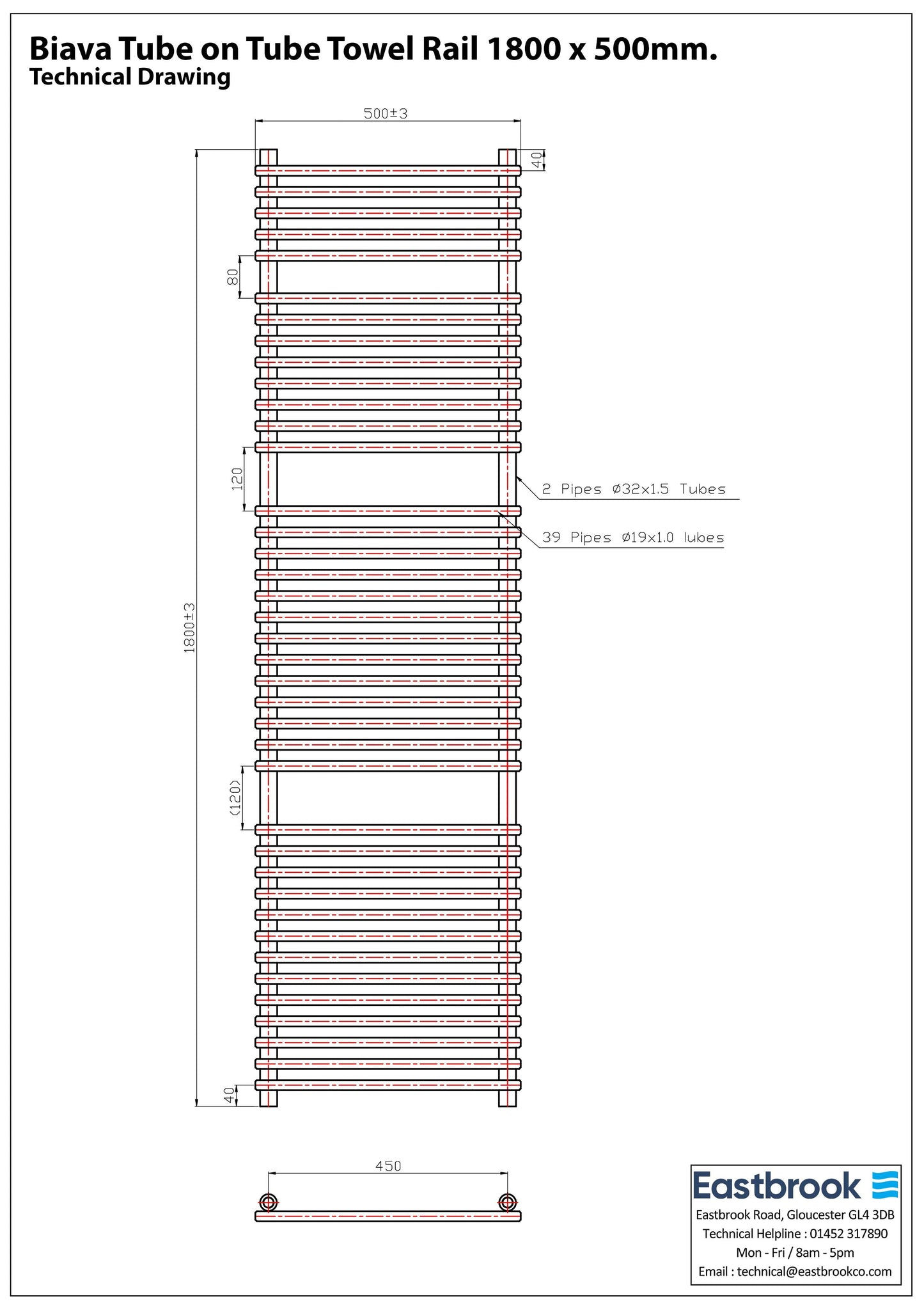 Eastbrook Biava Electric Tube On Tube Chrome Towel Rail 1800mm x 500mm Techncial Image 41.0168-ELE
