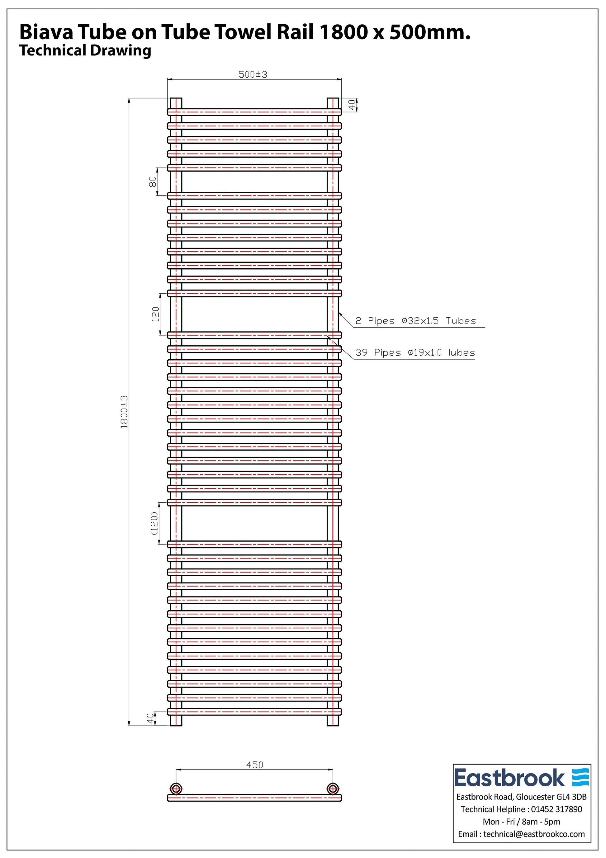 Eastbrook Biava Electric Tube On Tube Chrome Towel Rail 1800mm x 500mm Techncial Image 41.0168-ELE