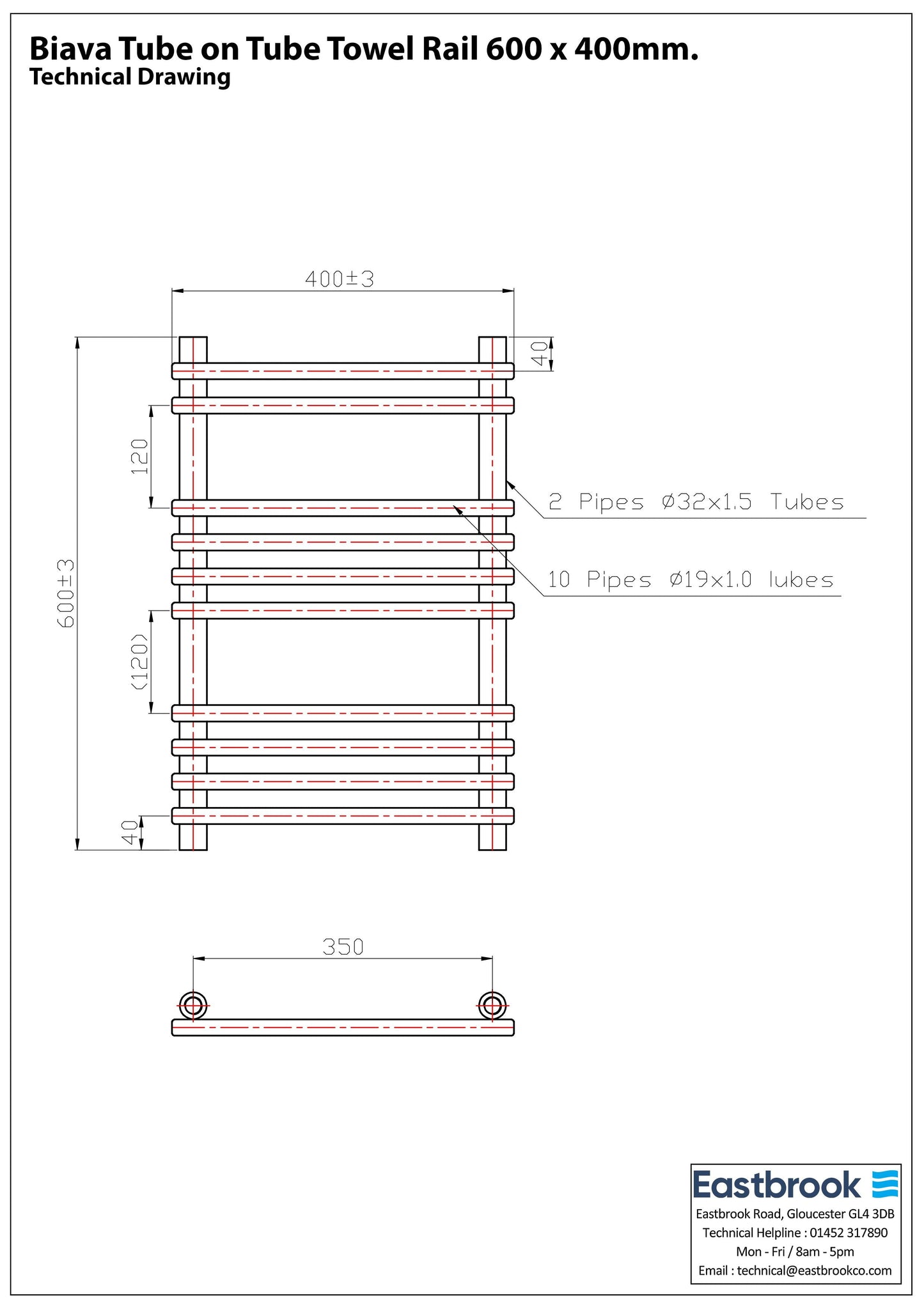 Eastbrook Biava Electric Tube On Tube Chrome Towel Rail 600mm x 400mm Techncial Image 41.0163-ELE