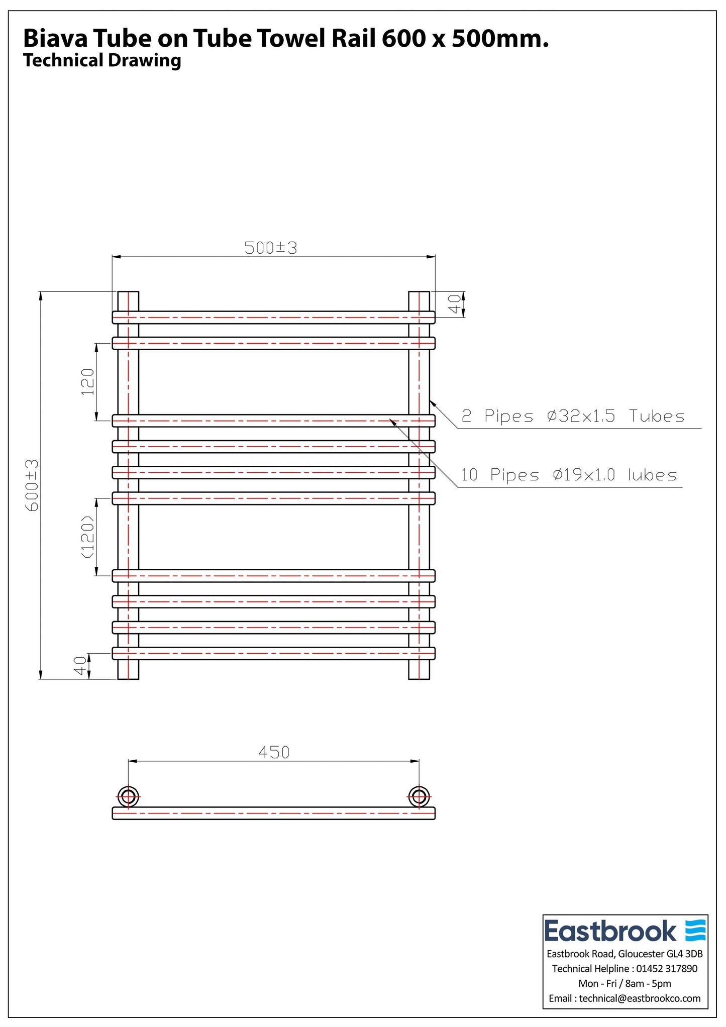 Eastbrook Biava Electric Tube On Tube Chrome Towel Rail 600mm x 500mm Techncial Image 41.0166-ELE