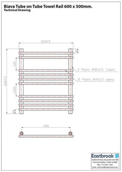 Eastbrook Biava Electric Tube On Tube Chrome Towel Rail 600mm x 500mm Techncial Image 41.0166-ELE