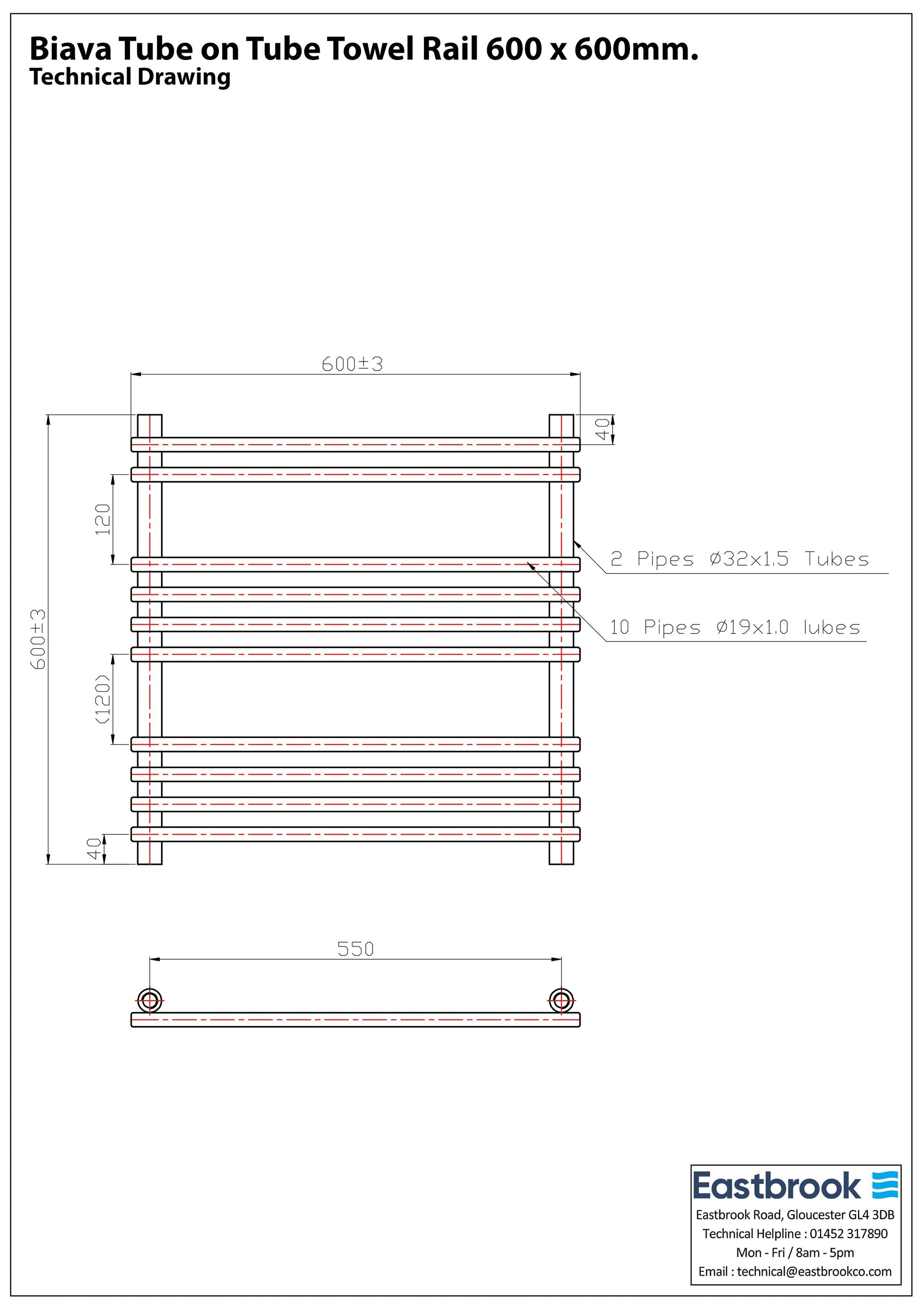 Eastbrook Biava Electric Tube On Tube Chrome Towel Rail 600mm x 600mm Techncial Image 41.0169-ELE