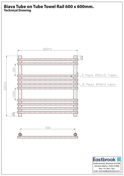 Eastbrook Biava Electric Tube On Tube Chrome Towel Rail 600mm x 600mm Techncial Image 41.0169-ELE