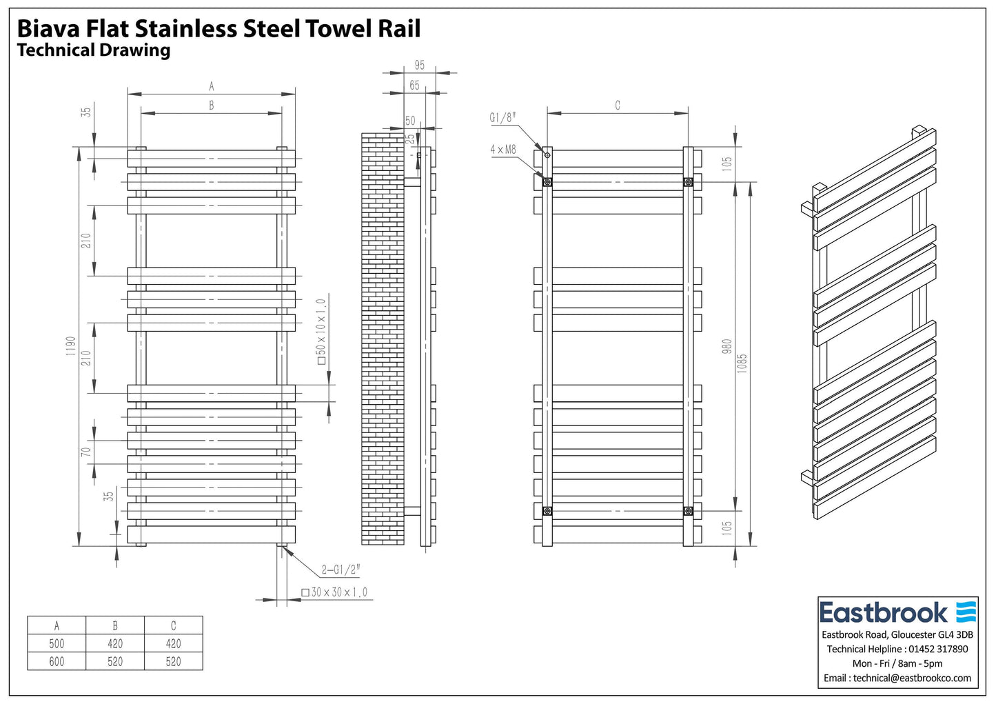 Eastbrook Biava Flat Polished Stainless Steel Towel Rail 1190mm x 600mm Technical Image 41.0253