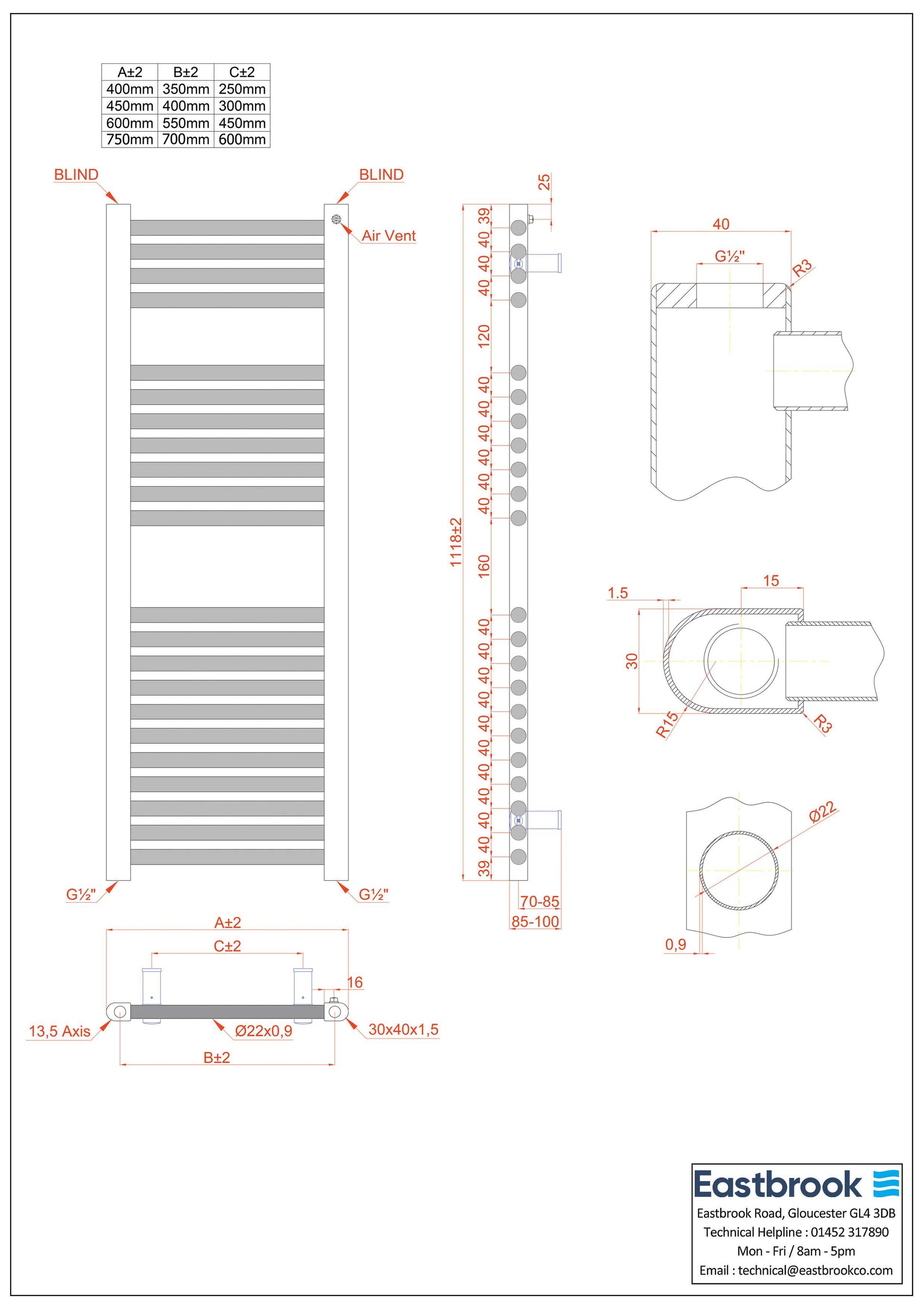 Eastbrook Biava Hidden Vent Straight Matt Anthracite Towel Rail 1118mm x 600mm Technical Image 61.0099