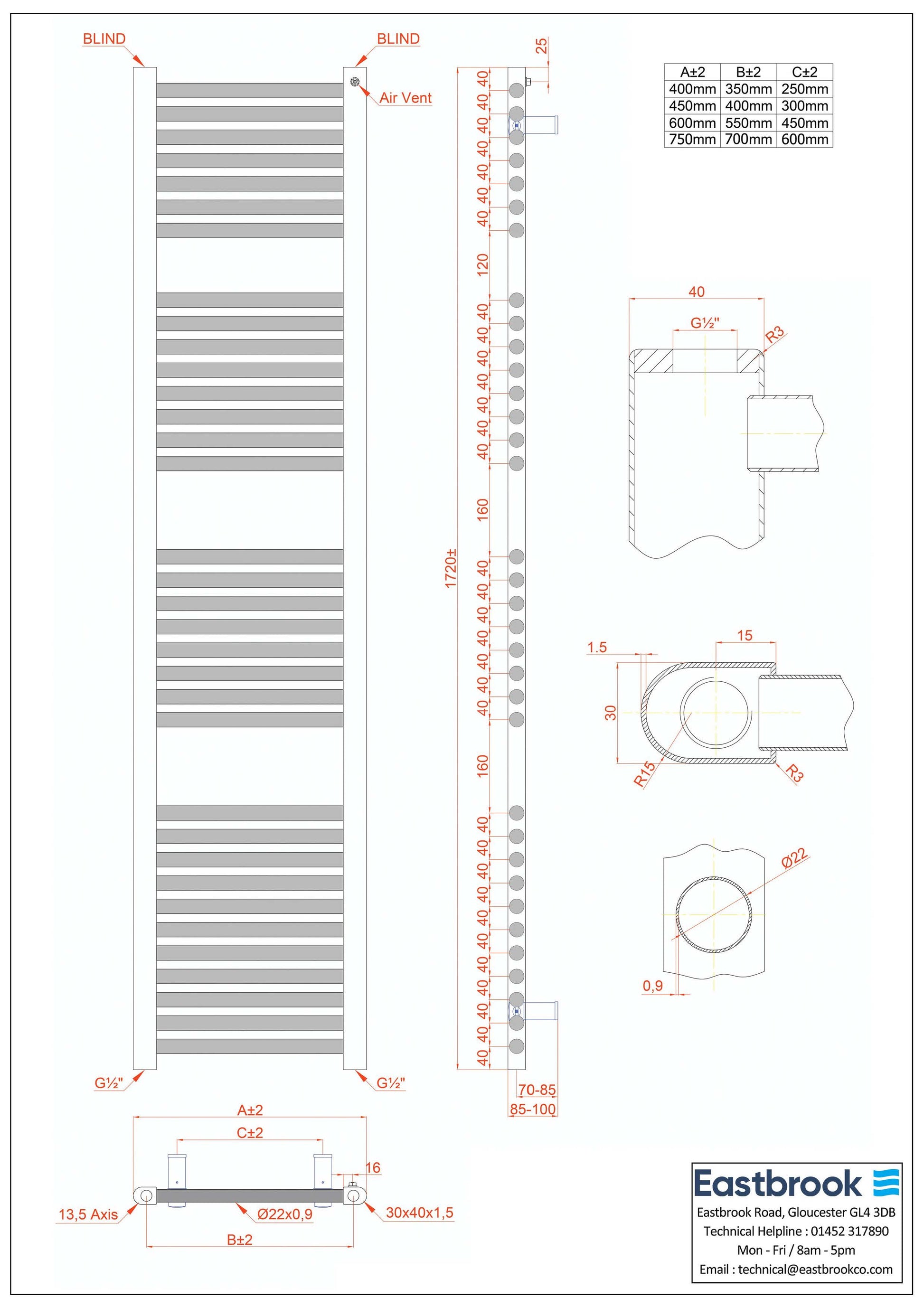 Eastbrook Biava Hidden Vent Straight Matt Anthracite Towel Rail 1720mm x 450mm Technical Image 61.0101