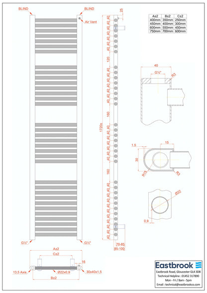 Eastbrook Biava Hidden Vent Straight Matt Anthracite Towel Rail 1720mm x 450mm Technical Image 61.0101