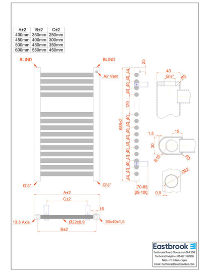 Eastbrook Biava Hidden Vent Straight Matt Anthracite Towel Rail 688mm x 600mm Technical Image 61.0096