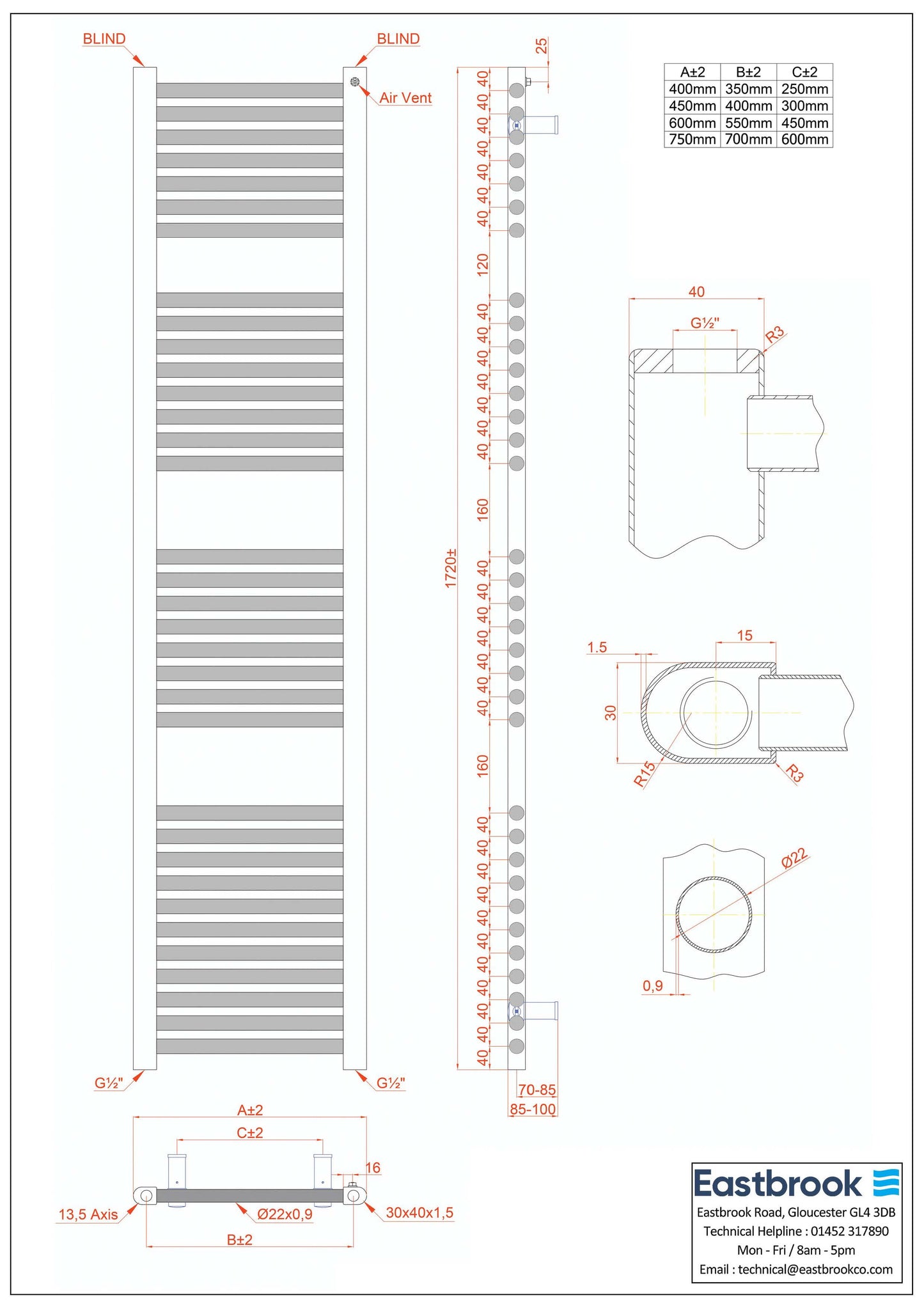 Eastbrook Biava Hidden Vent Straight Matt Black Towel Rail 1720mm x 600mm Technical Image 61.0112