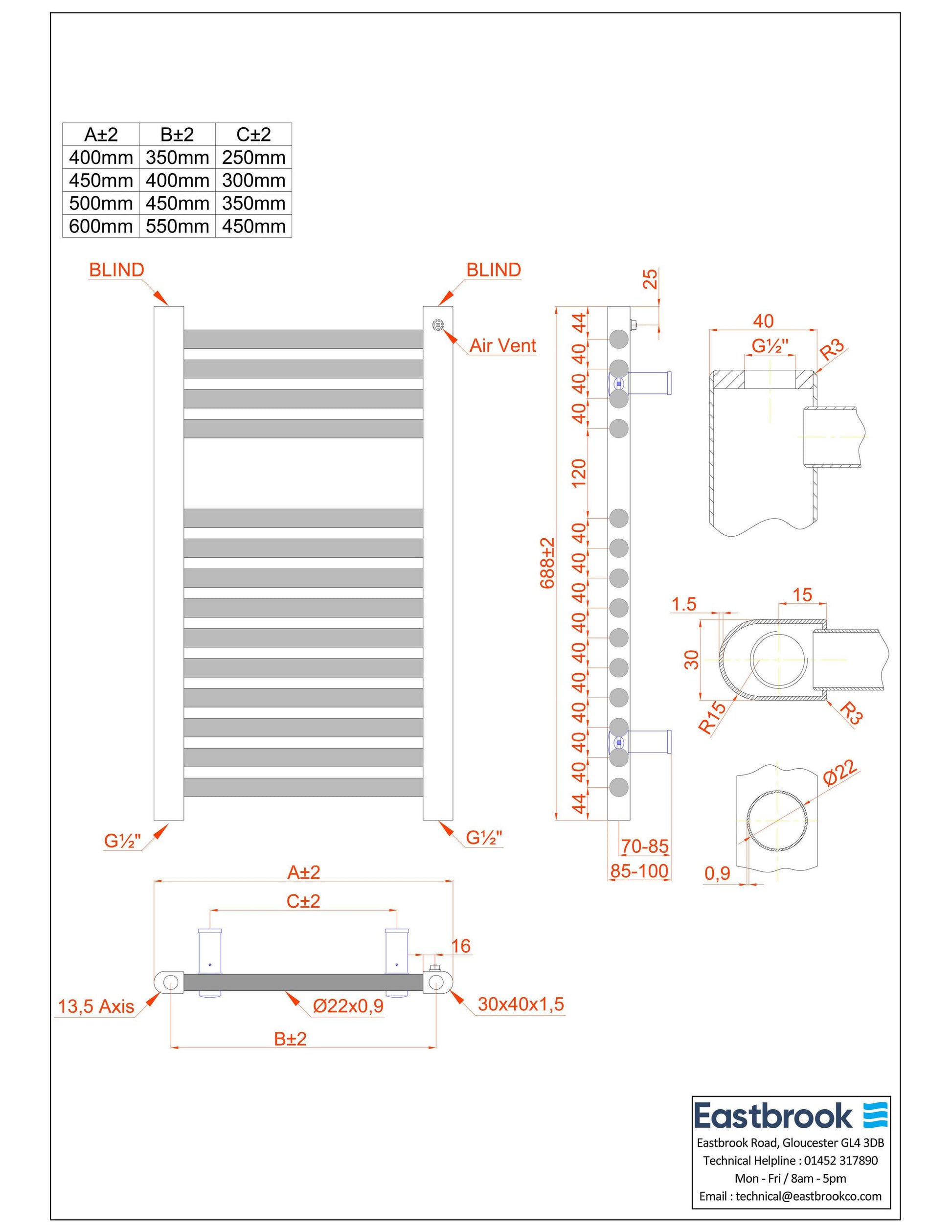 Eastbrook Biava Hidden Vent Straight Matt Black Towel Rail 688mm x 450mm Technical Image 61.0105