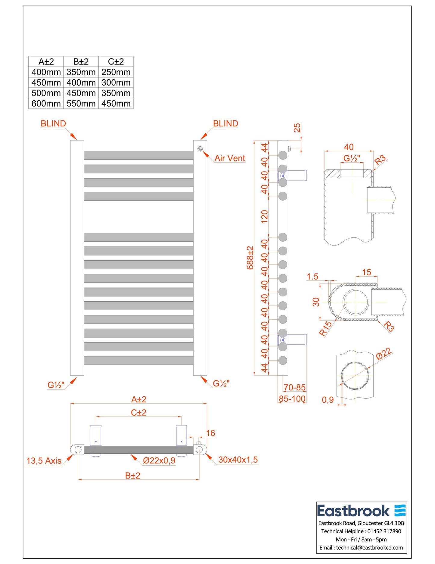 Eastbrook Biava Hidden Vent Straight Matt Black Towel Rail 688mm x 600mm Technical Image 61.0106