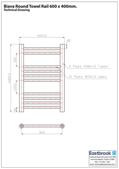 Eastbrook Biava Round Straight Gloss White Towel Rail 600mm x 400mm Technical Image 41.0154