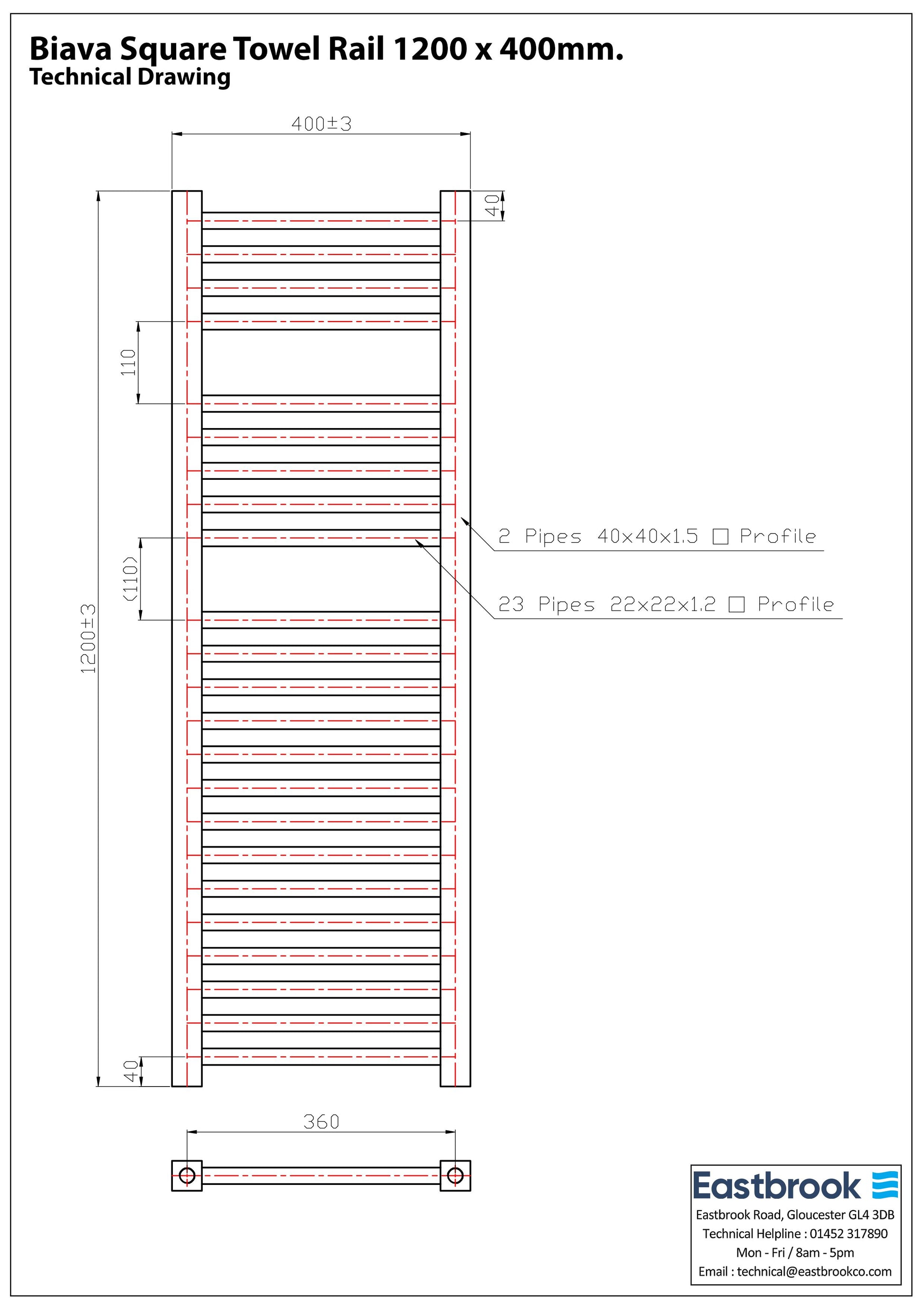 Eastbrook Biava Square Chrome Towel Rail 1200mm x 400mm Technical Image 41.0110