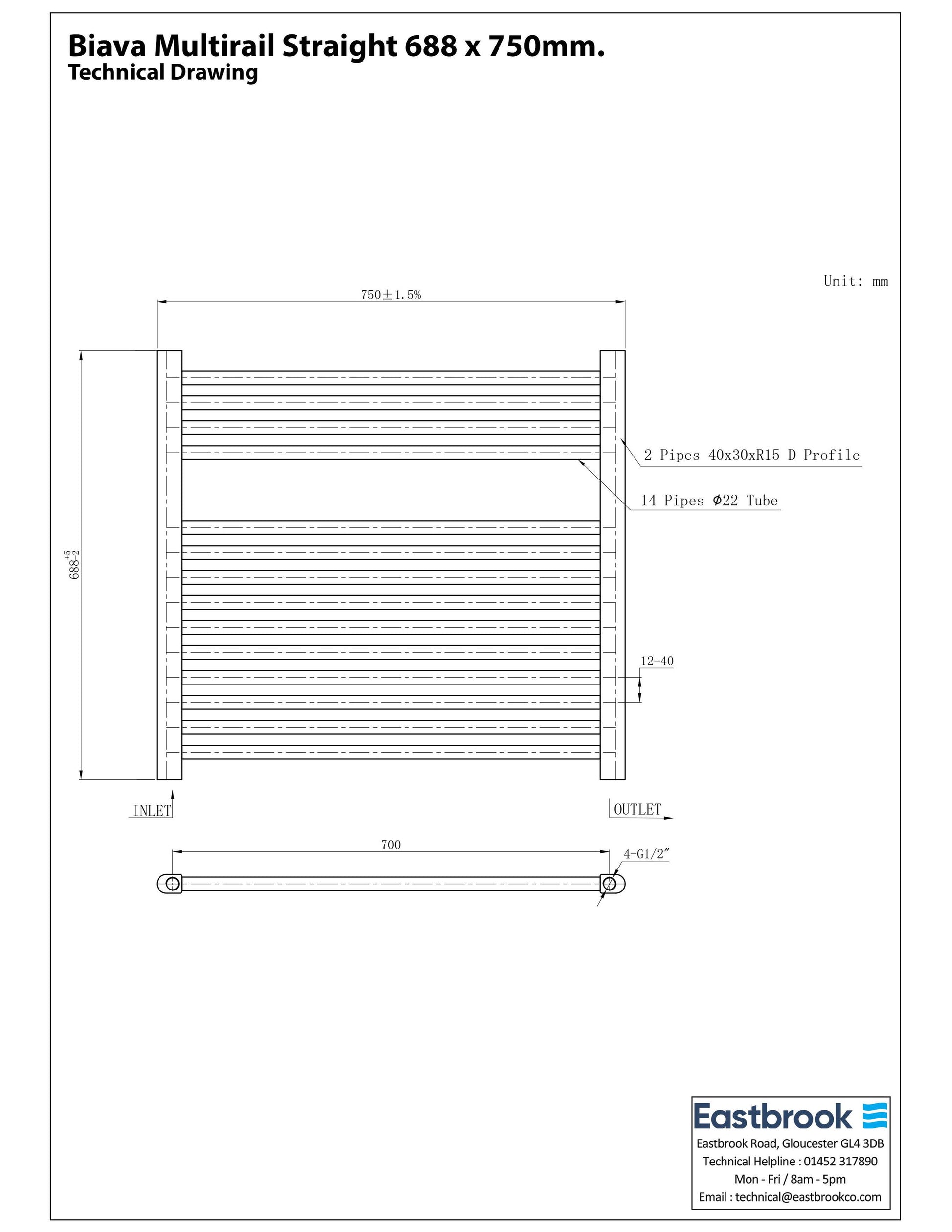 Eastbrook Biava Straight Chrome Towel Rail 688mm x 750mm Technical Image 41.0271