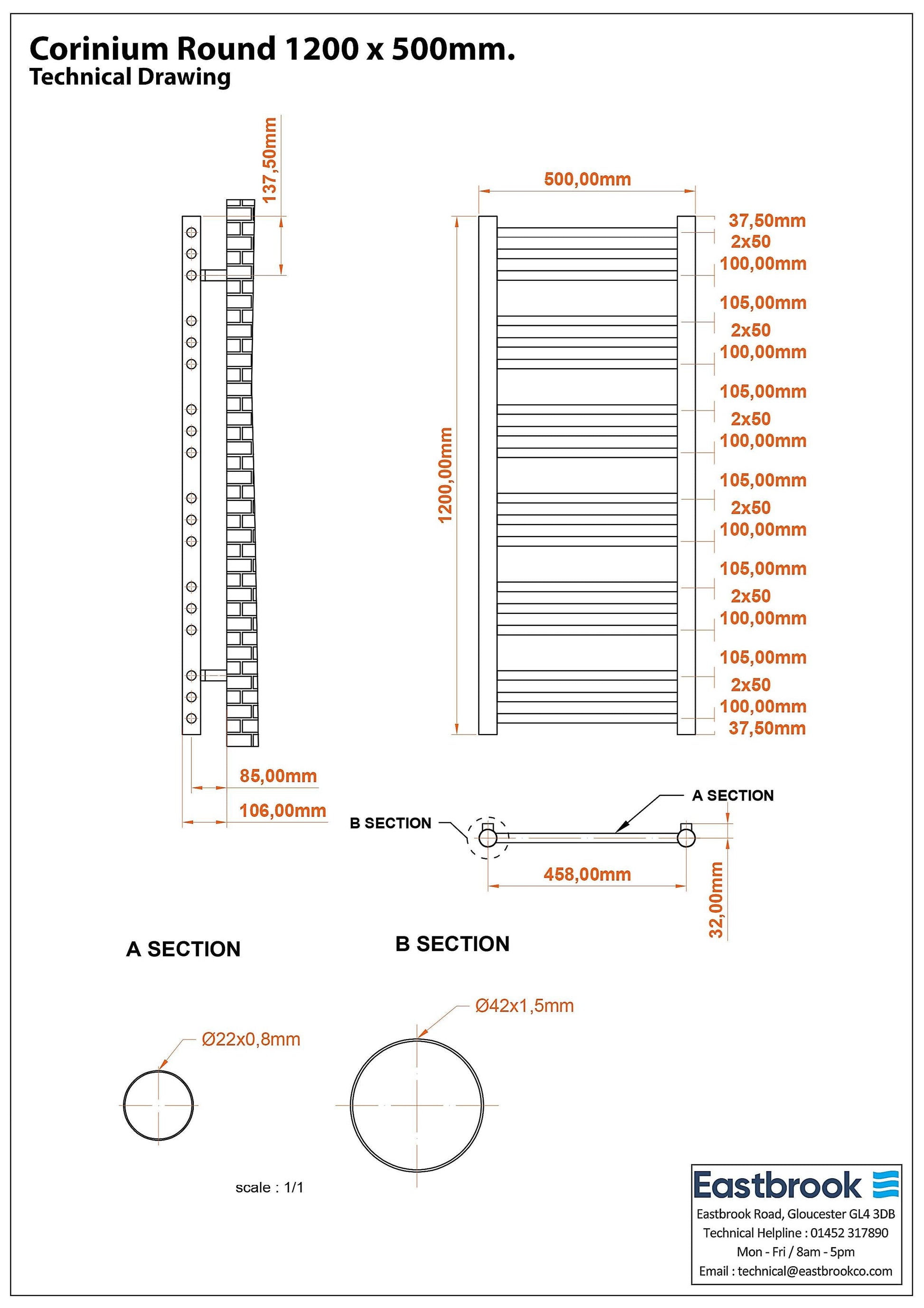 Eastbrook Corinium Electric Round Straight Gloss White Towel Rail 1200mm x 500mm Technical Image 89.1544-ELE