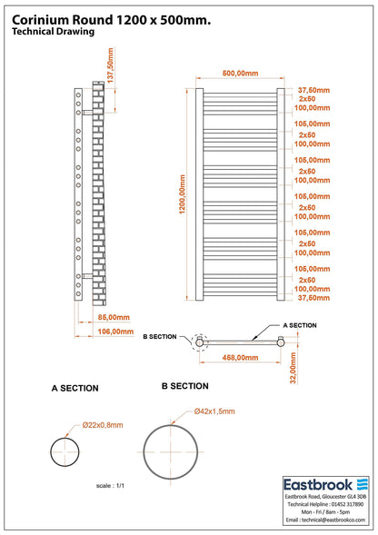 Eastbrook Corinium Electric Round Straight Gloss White Towel Rail 1200mm x 500mm Technical Image 89.1544-ELE