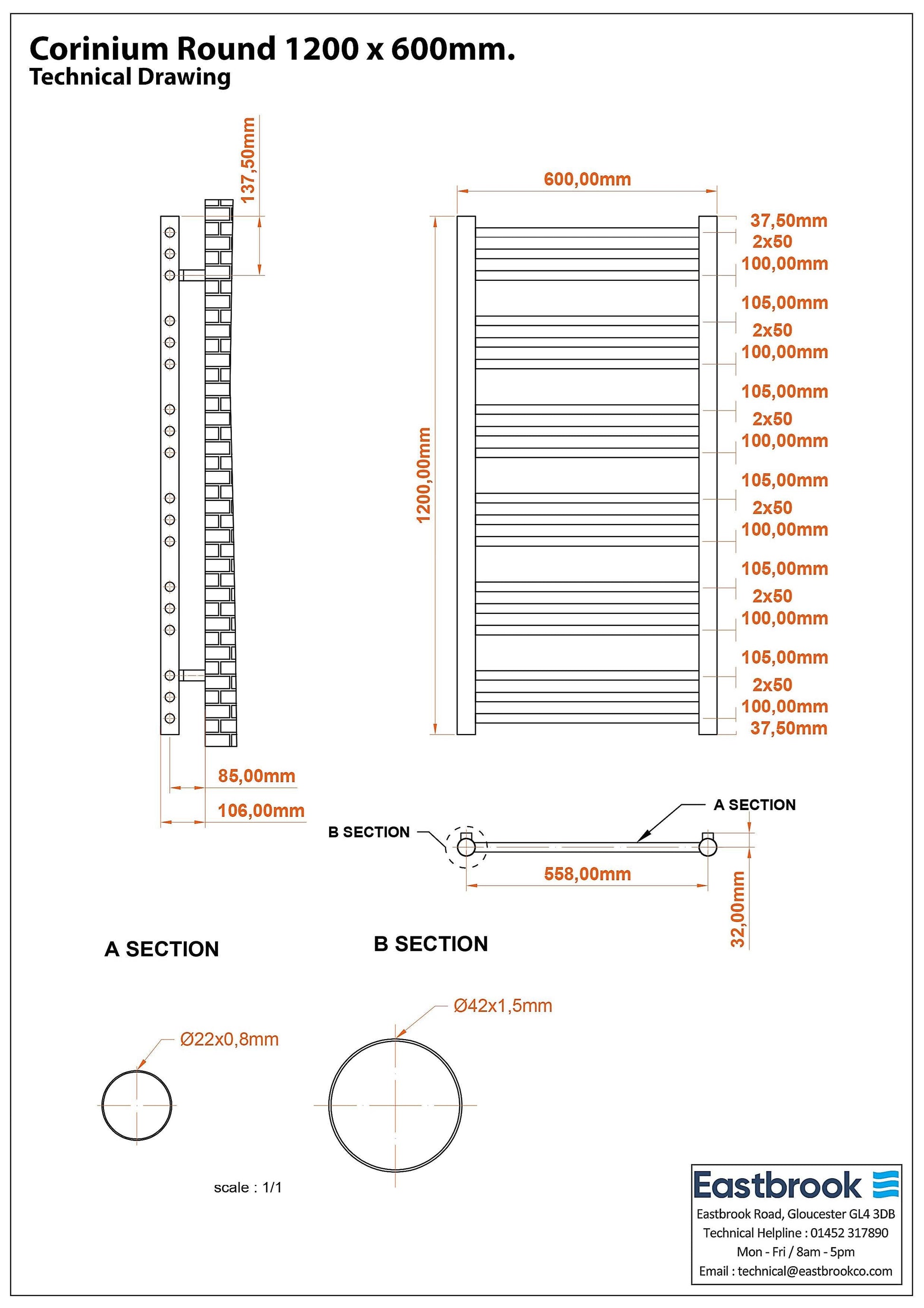 Eastbrook Corinium Electric Round Straight Gloss White Towel Rail 1200mm x 600mm Technical Image 89.1545-ELE