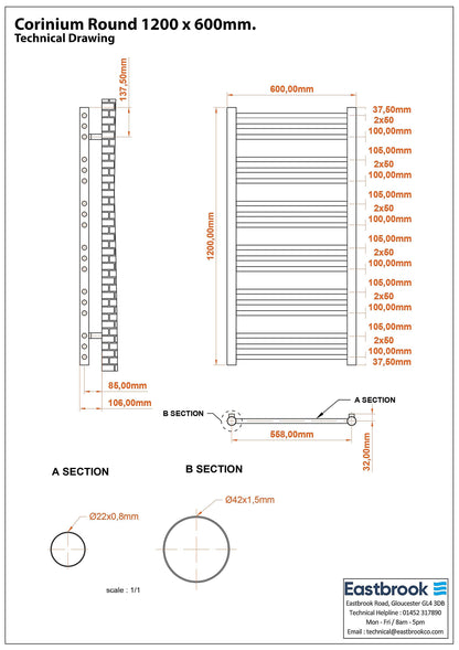 Eastbrook Corinium Electric Round Straight Gloss White Towel Rail 1200mm x 600mm Technical Image 89.1545-ELE