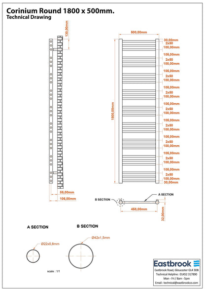Eastbrook Corinium Electric Round Straight Gloss White Towel Rail 1800mm x 500mm Technical Image 89.1546-ELE