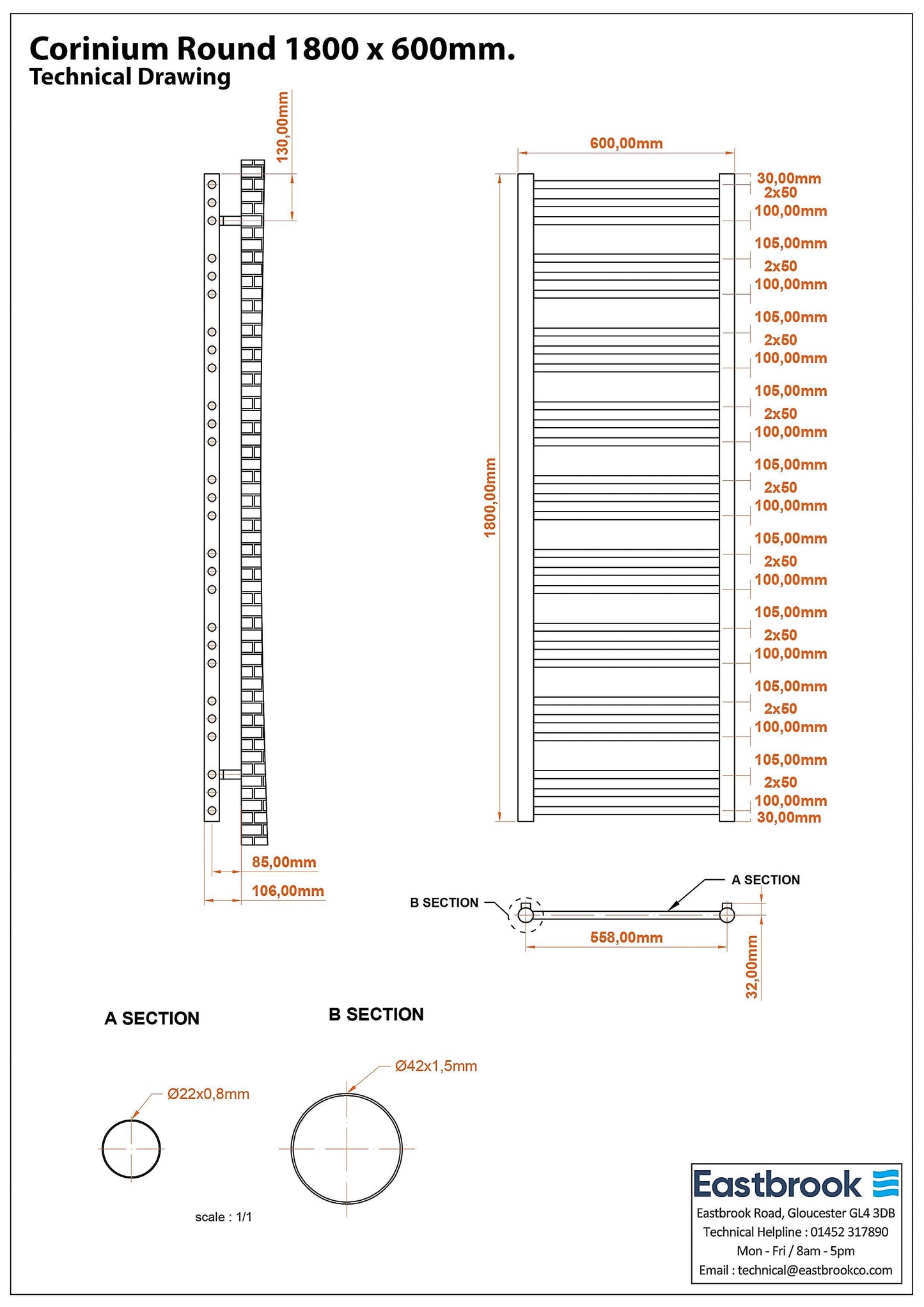 Eastbrook Corinium Electric Round Straight Gloss White Towel Rail 1800mm x 600mm Technical Image 89.1547-ELE