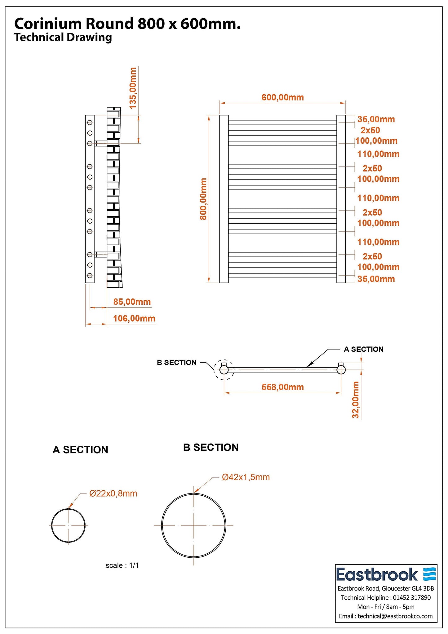 Eastbrook Corinium Electric Round Straight Gloss White Towel Rail 800mm x 600mm Technical Image 89.1543-ELE