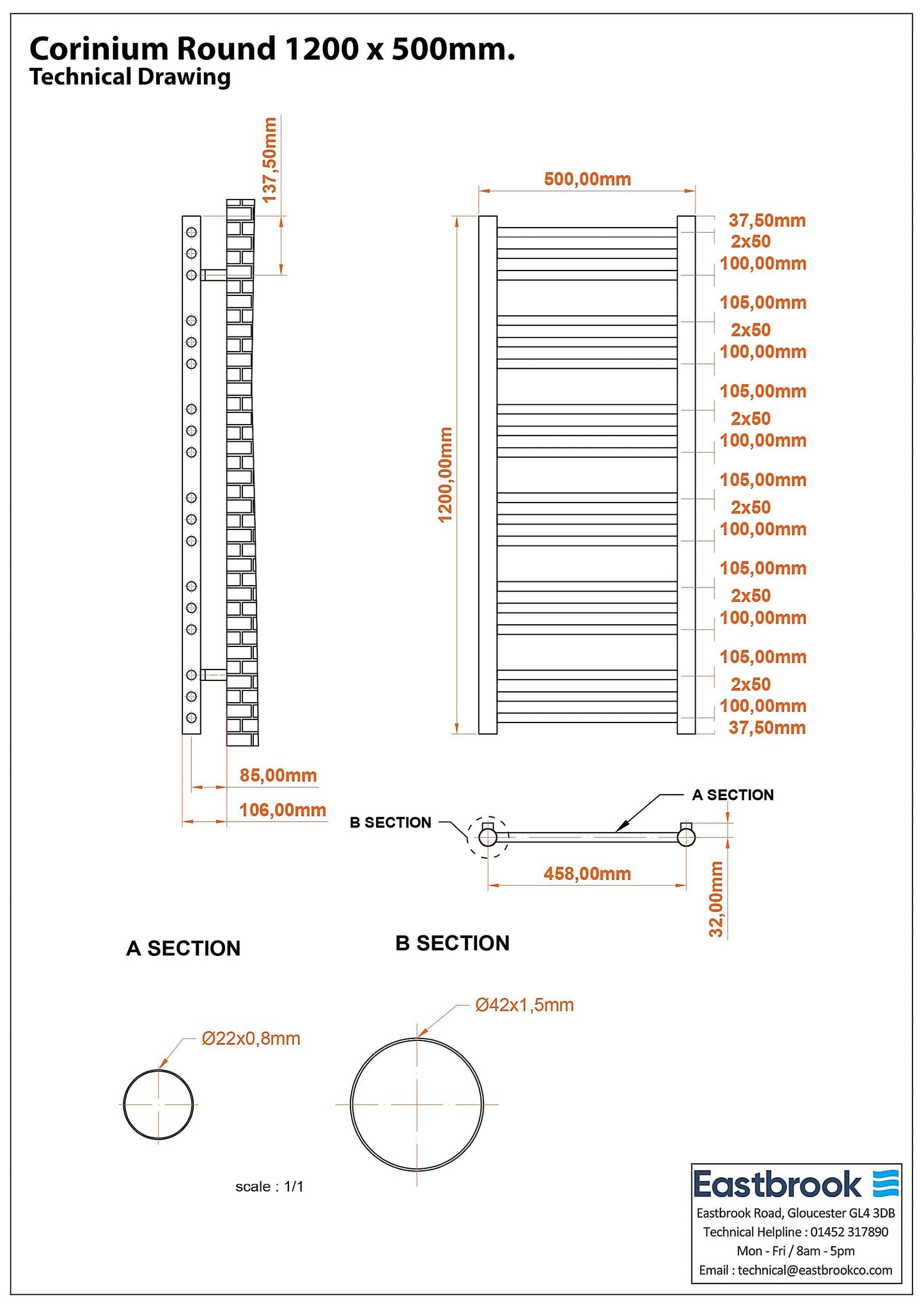 Eastbrook Corinium Electric Round Straight Matt Anthracite Towel Rail 1200mm x 500mm Technical Image 89.1556-ELE