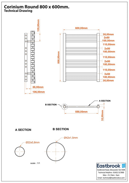 Eastbrook Corinium Electric Round Straight Matt Anthracite Towel Rail 800mm x 600mm Technical Image 89.1555-ELE