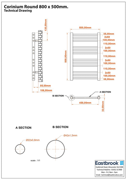Eastbrook Corinium Electric Round Straight Matt Black Towel Rail 800mm x 500mm Technical Image 89.1560-ELE