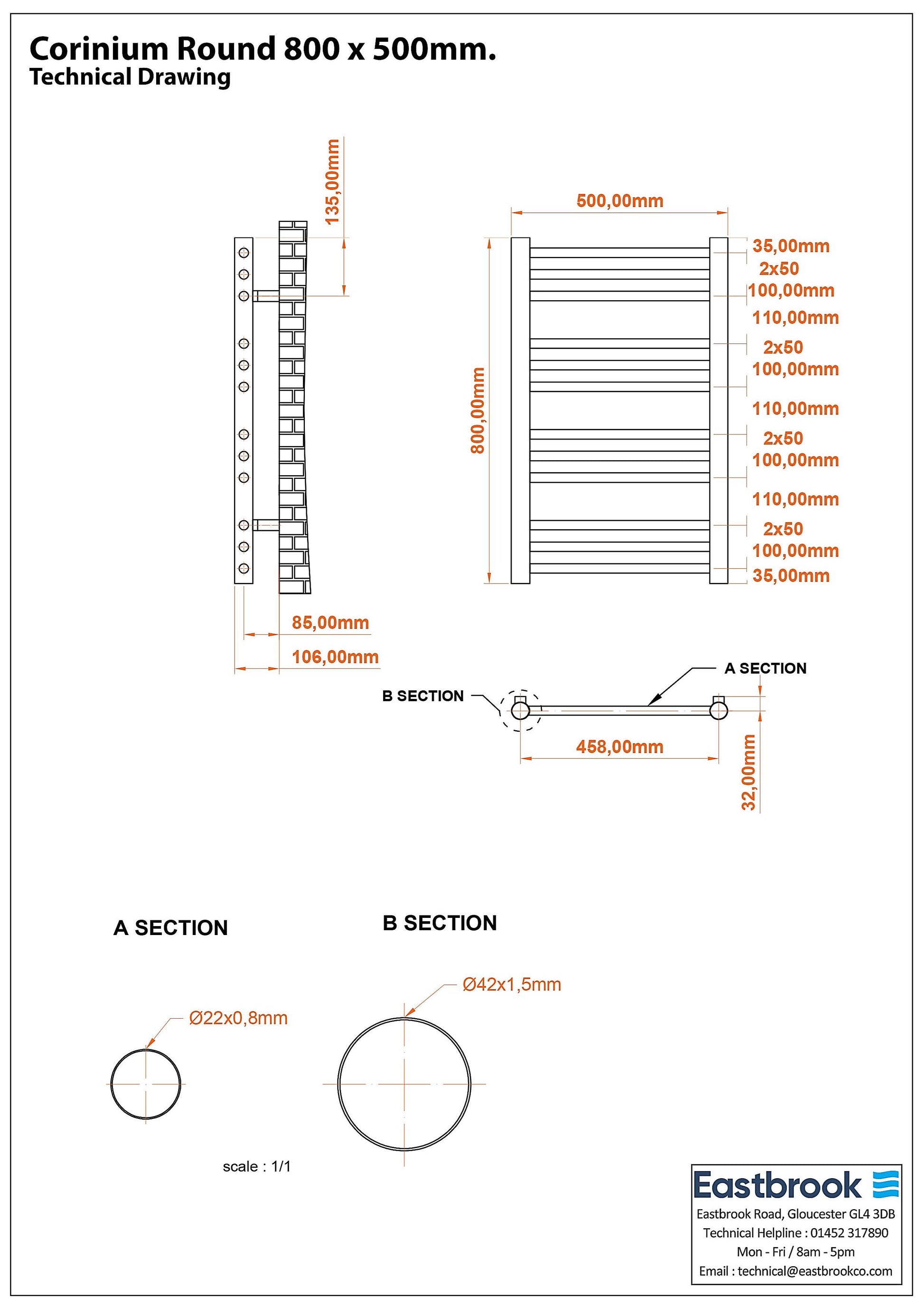 Eastbrook Corinium Round Straight Gloss White Towel Rail 800mm x 500mm Technical Image 89.1542