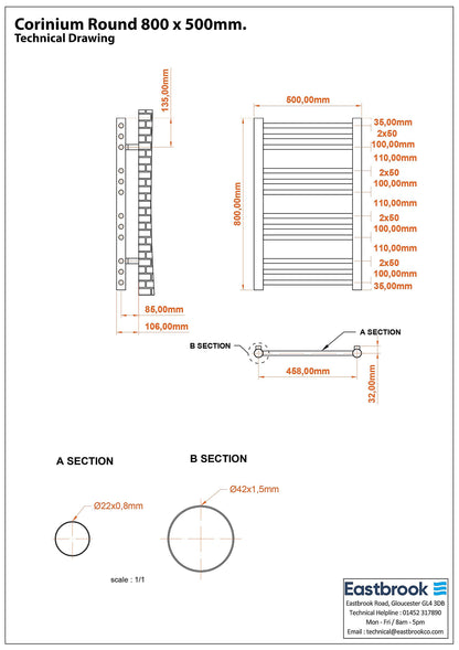 Eastbrook Corinium Round Straight Gloss White Towel Rail 800mm x 500mm Technical Image 89.1542