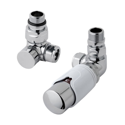 Eastbrook Corner Chrome/White Thermostatic Radiator Valve & Lockshield 15mm (pair) 12.049